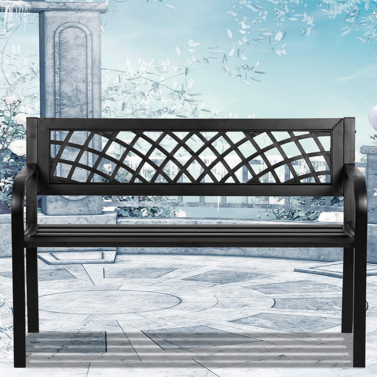 Heavy Duty 400 lbs Cast Iron Garden Bench - Black Checkered Design Outdoor Metal Bench for Patio, Lawn, Porch, Backyard & Park - Durable Park Bench Furniture for Garden, Balcony & Entryway