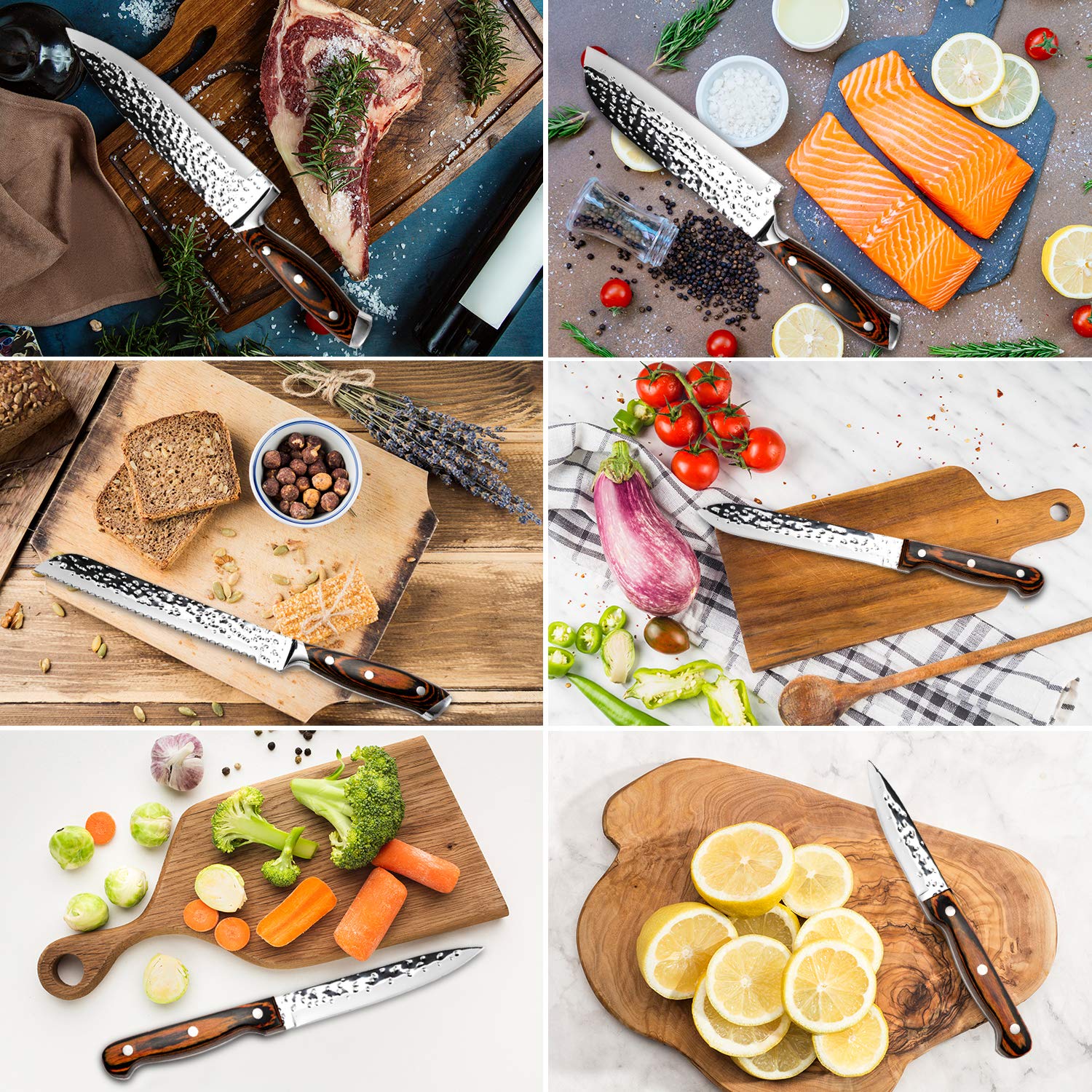 15-Piece Premium Japanese Stainless Steel Kitchen Knife Set with Wooden Block - High Carbon Hammered Chef Knives, Steak Knives & Self-Sharpening System - Perfect for Home Cooking, Professional Chefs & Gourmet Food Preparation