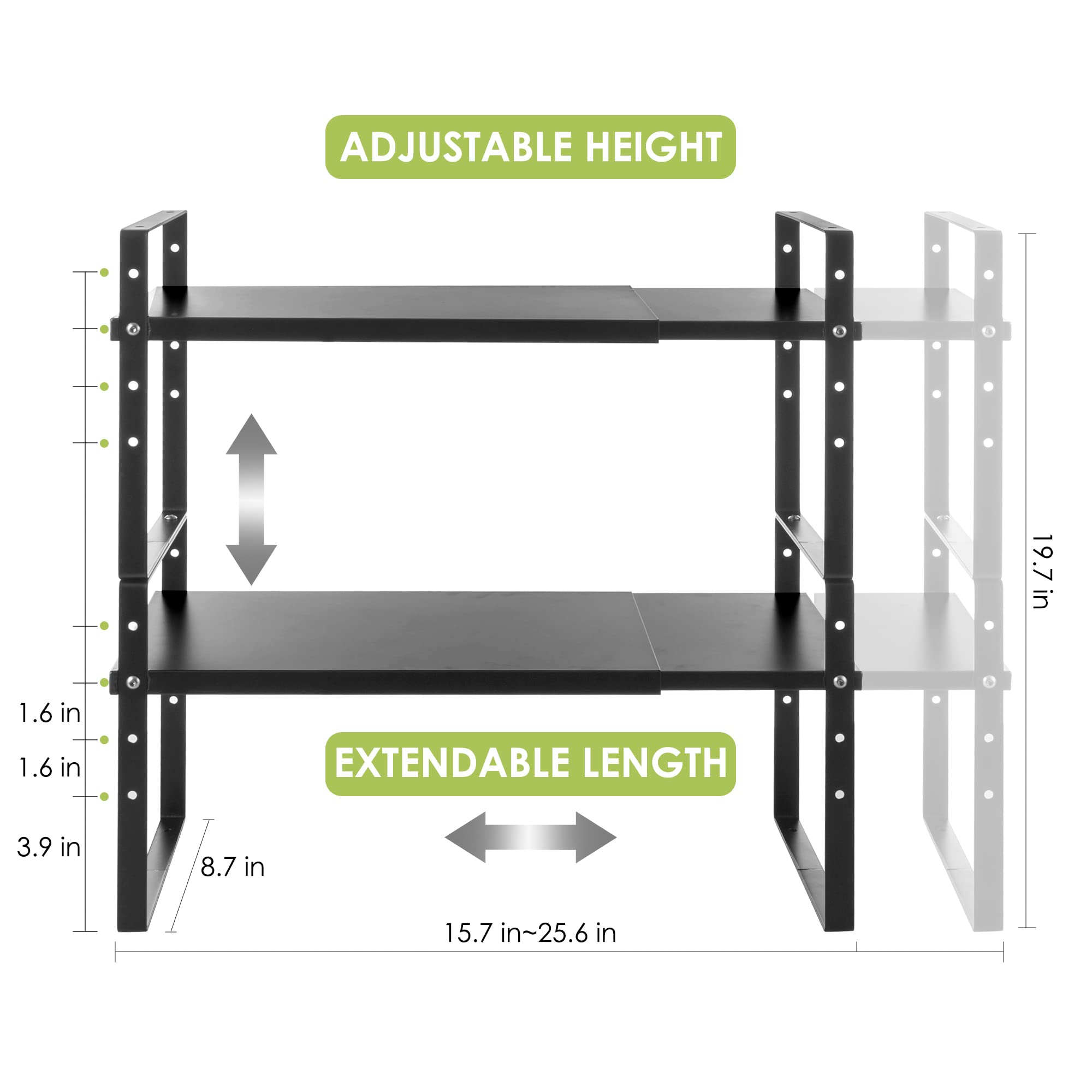 Expandable Cabinet Shelf Organizer Rack - Stackable Kitchen Countertop Storage Shelf - Adjustable Height Pantry Organizer & Spice Rack (Black, 2 Pack) - Perfect for Small Spaces, Kitchen Countertops, Pantry Shelving & Bathroom Organization
