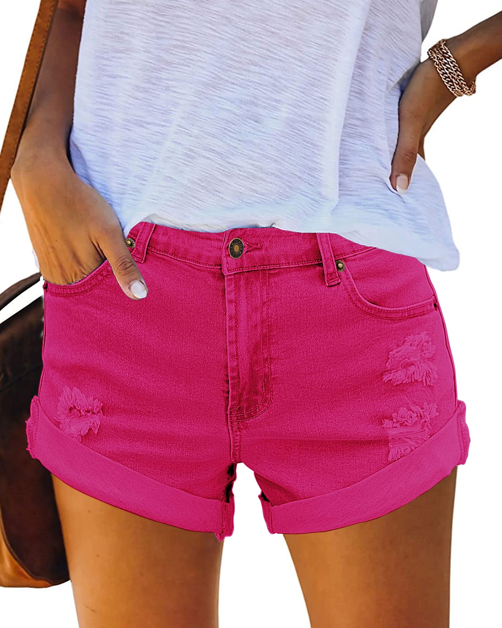 Luvamia 2024 Women's Mid Rise Ripped Distressed Stretchy Denim Shorts - Y2K Fold Hem Jean Shorts for Casual Wear & Summer Outfits | Perfect for Beach, Street Style & Music Festivals