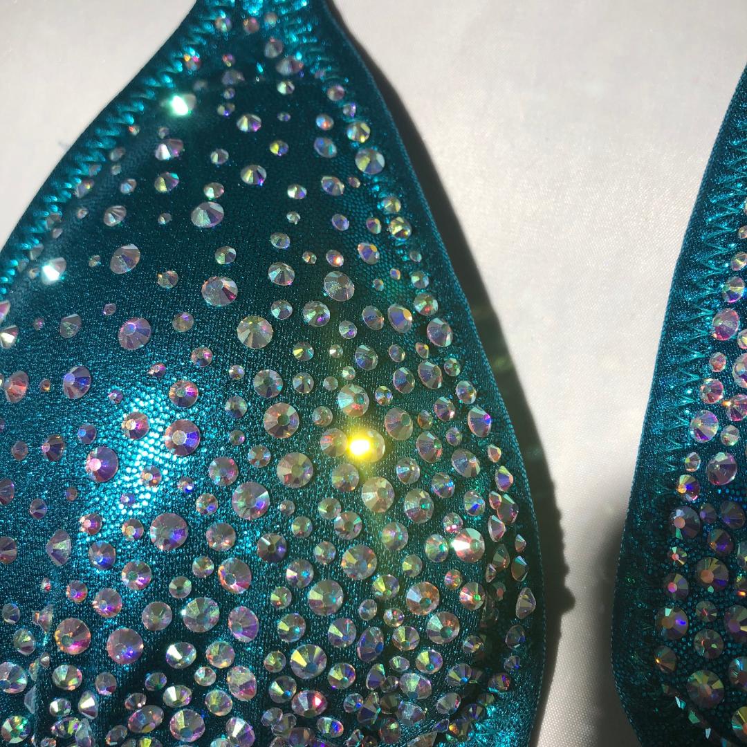 Competition Bikini Teal Green Color with Stunning AB Rhinestones & Twisted Connectors - Perfect for Dance, Cheerleading & Swimwear Performances