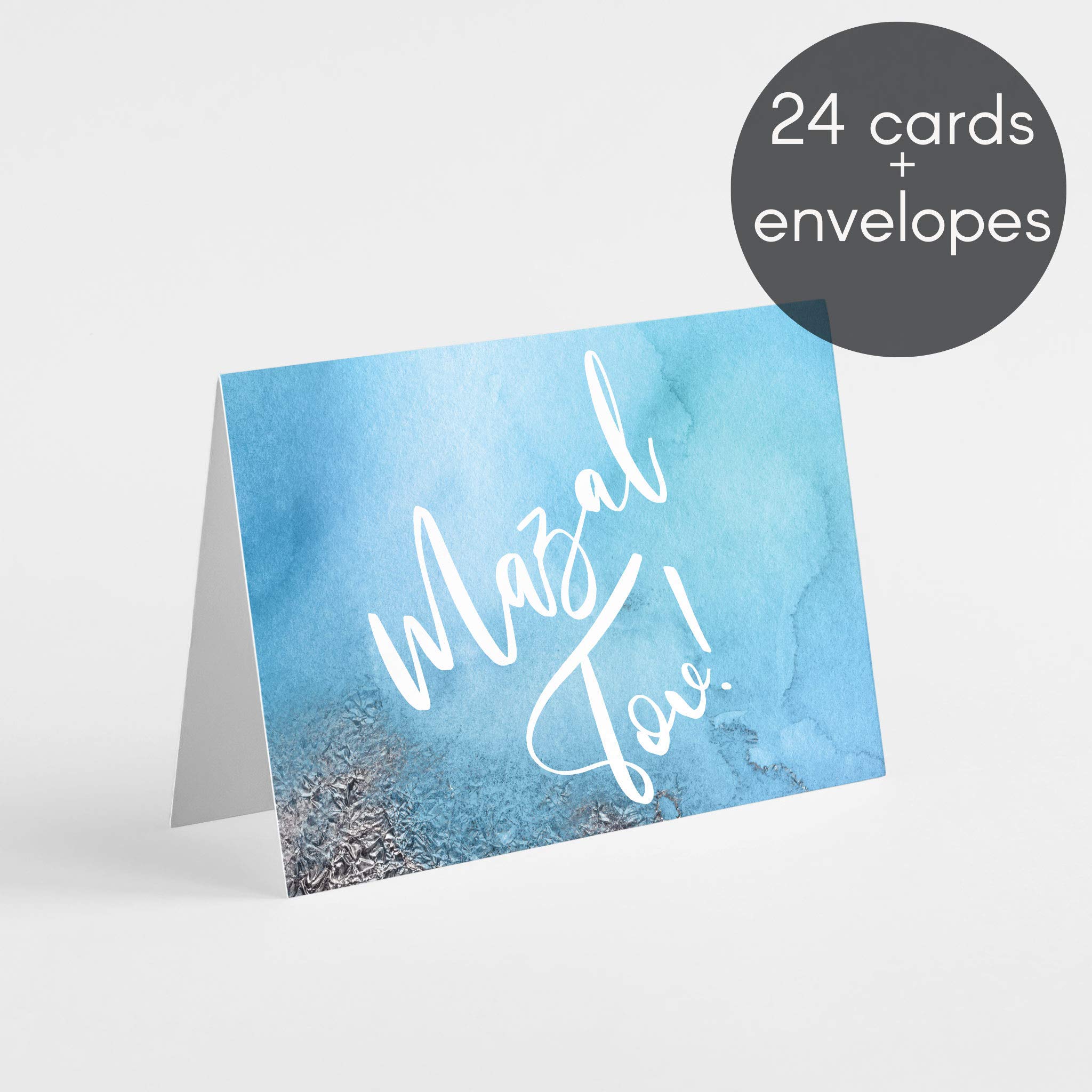 Premium Mazel Tov Greeting Cards Set - 24 Colorful Jewish Bar Mitzvah Cards with White Envelopes - USA Printed Stationery for Special Occasions - Perfect for Bat Mitzvah, Birthday & Jewish Celebrations (Blue Watercolor Design)
