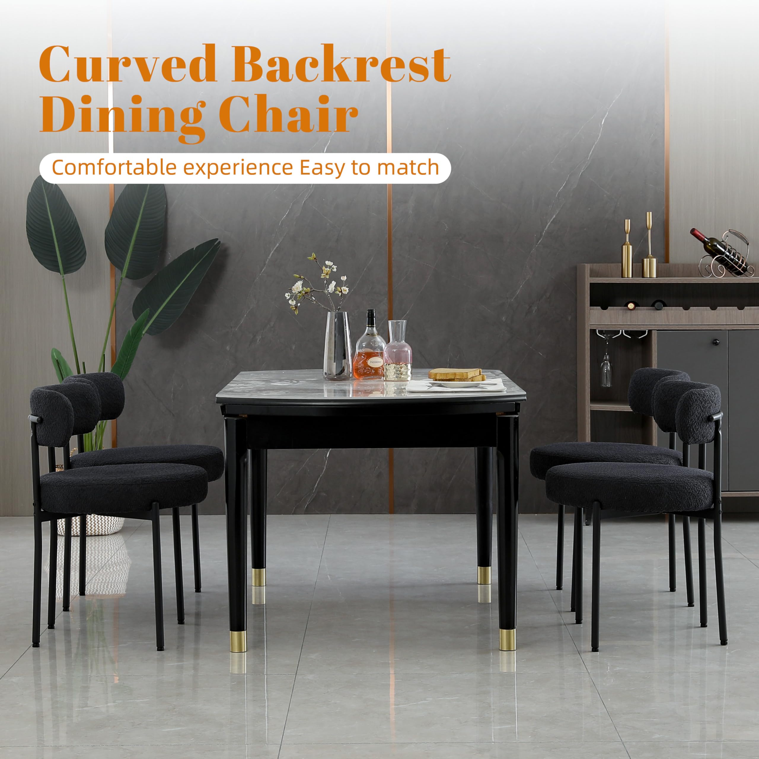 DYHOME Black Boucle Dining Chairs Set of 4 - Modern Upholstered Kitchen & Dining Room Chairs with Thick Cushions & Sturdy Metal Legs - Perfect for Kitchen, Living Room, Breakfast Nook & Small Space Dining