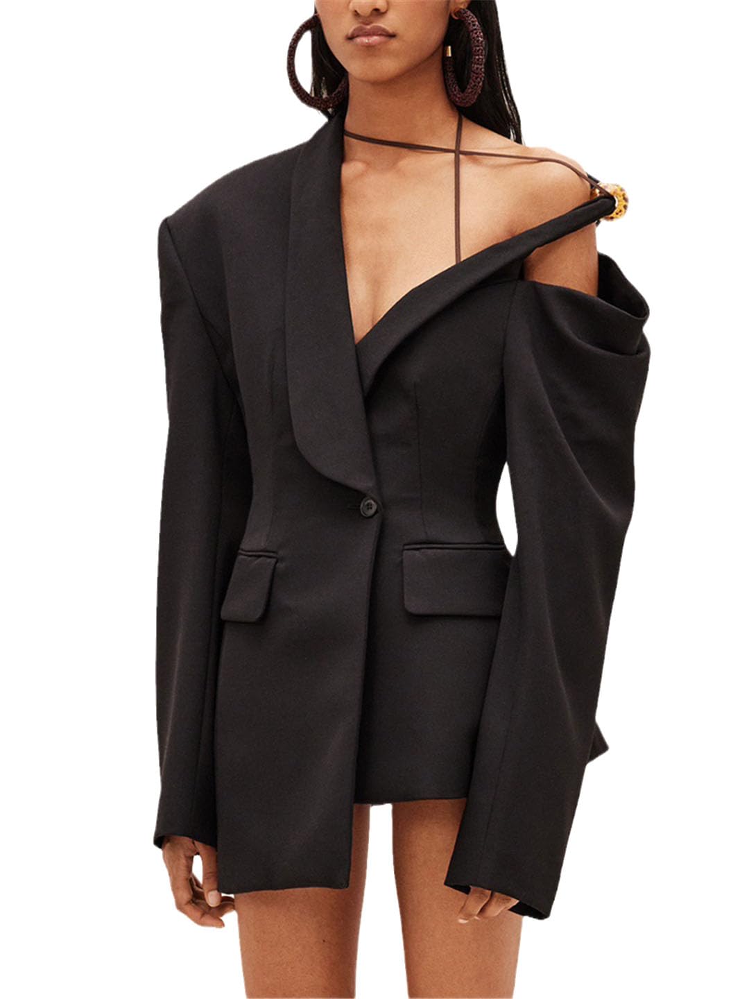 Women's Long Sleeve Off Shoulder Patchwork Blazer with Lapel & Button Closure - Stylish Solid Color Jacket for Spring Fashion | Perfect for Office Wear, Date Nights & Casual Outings