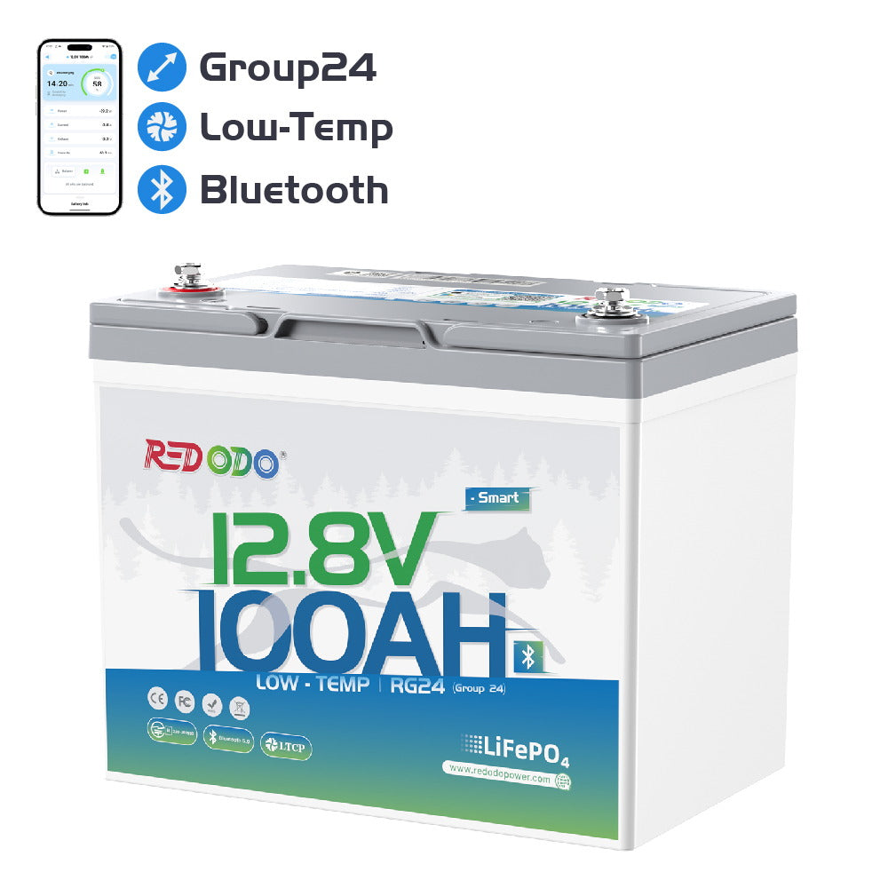 Redodo 12V 100Ah Group 24 Bluetooth LiFePO4 Deep Cycle Battery with Real-Time Monitoring - Perfect for RV, Marine, Solar Power Systems & Off-Grid Applications