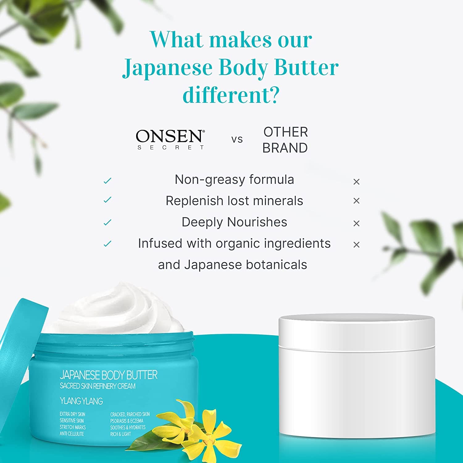 Japanese Onsen Body Butter for Women - Natural & Organic Shea Butter Moisturizer with Coconut Oil & Vitamin E - Skin Refining & Exfoliating Cream - 8.6 fl oz (255ml) - Ylang Ylang Scent - Perfect for Dry Skin Care & Spa Night Relaxation