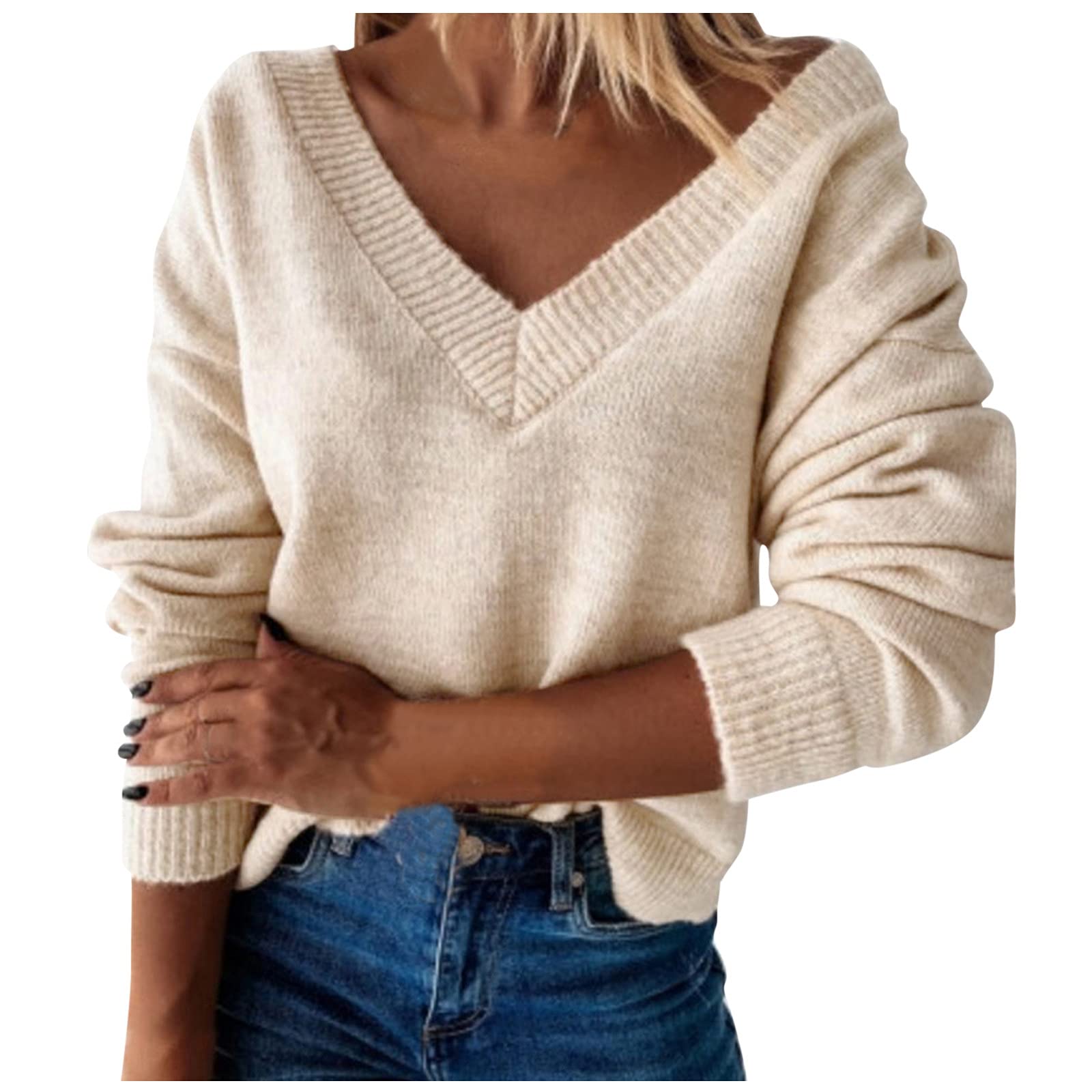 Women's Long Sleeve V-Neck Cotton Sweater - Loose Knit Oversized Pullover Cardigan for Women | Cozy Fall Winter Layering, Office Wear & Casual Outfits