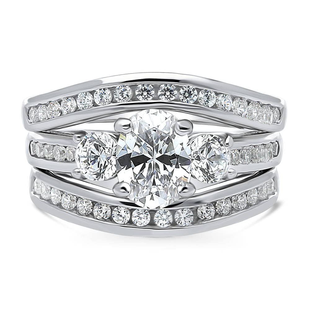 BERRICLE Sterling Silver 3-Stone Oval Cut Cubic Zirconia Engagement Ring Set for Women - 1.2 Carat CZ Wedding Band, Rhodium Plated Size 4-10 - Perfect for Proposals, Anniversaries & Bridal Jewelry