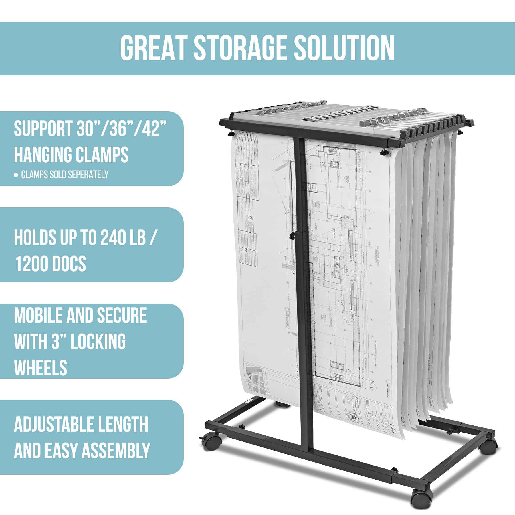 Adir Mobile Blueprint Holder - Adjustable Blueprint Storage Organizer & Construction Plan Rack for Jobsite, Office, and Home Use - Perfect for Architects, Engineers, and Contractors (Without Clamps)
