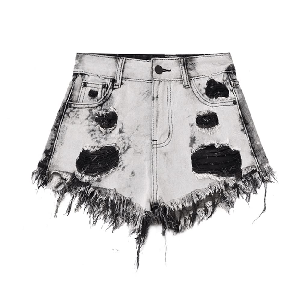 Women's High Waist Ripped Denim Shorts - Distressed Cutout Black Jeans for Summer | Streetwear Fashion | Perfect for Casual Outings, Beach Trips & Music Festivals