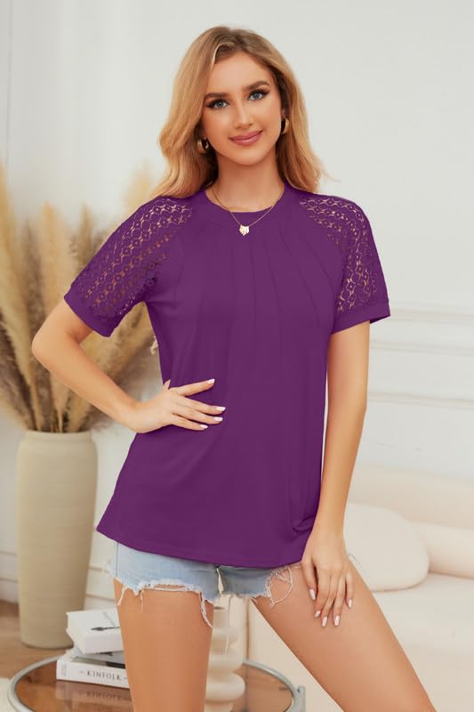 Trendy Women's Lace Short Sleeve Crewneck T-Shirts - Elegant Pleated Blouse & Tunic Top for Casual & Dressy Outfits | Perfect for Office, Date Night & Summer 2024 Fashion