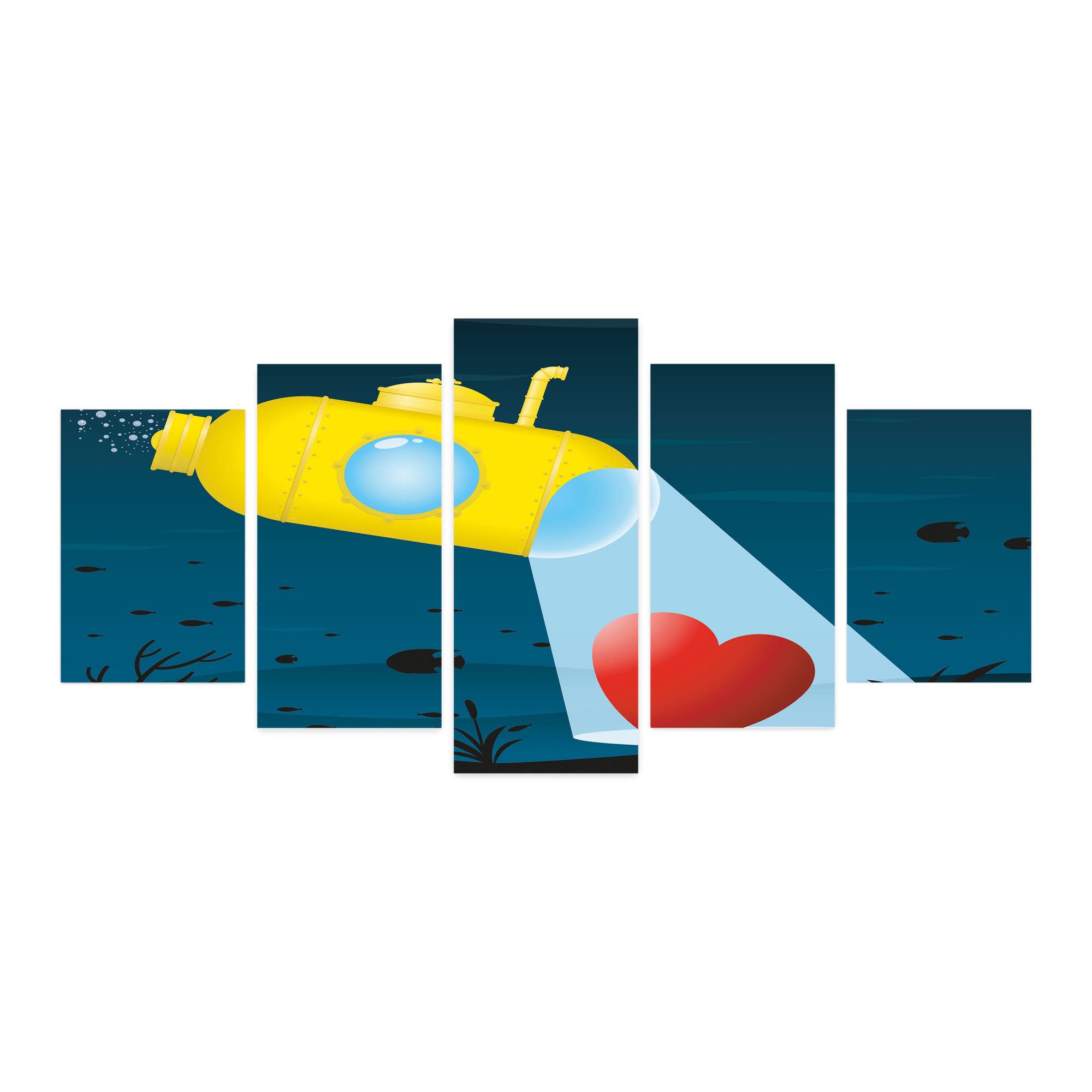 Ambesonne Yellow Submarine 5-Panel Acrylic Glass Wall Art - Underwater Submarine Finding Heart Romance Illustration - 60