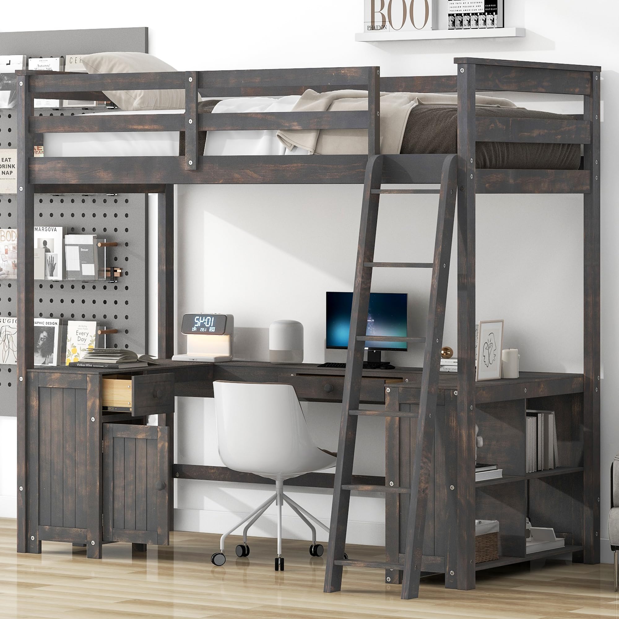 Harper & Bright Designs Twin Size Loft Bed with U-Shaped Desk & Storage - Wooden High Loft Bed Frame with Cabinet, Drawers & Shelves in Antique Brown - Perfect for Small Bedrooms, Kids Rooms & Dorm Rooms
