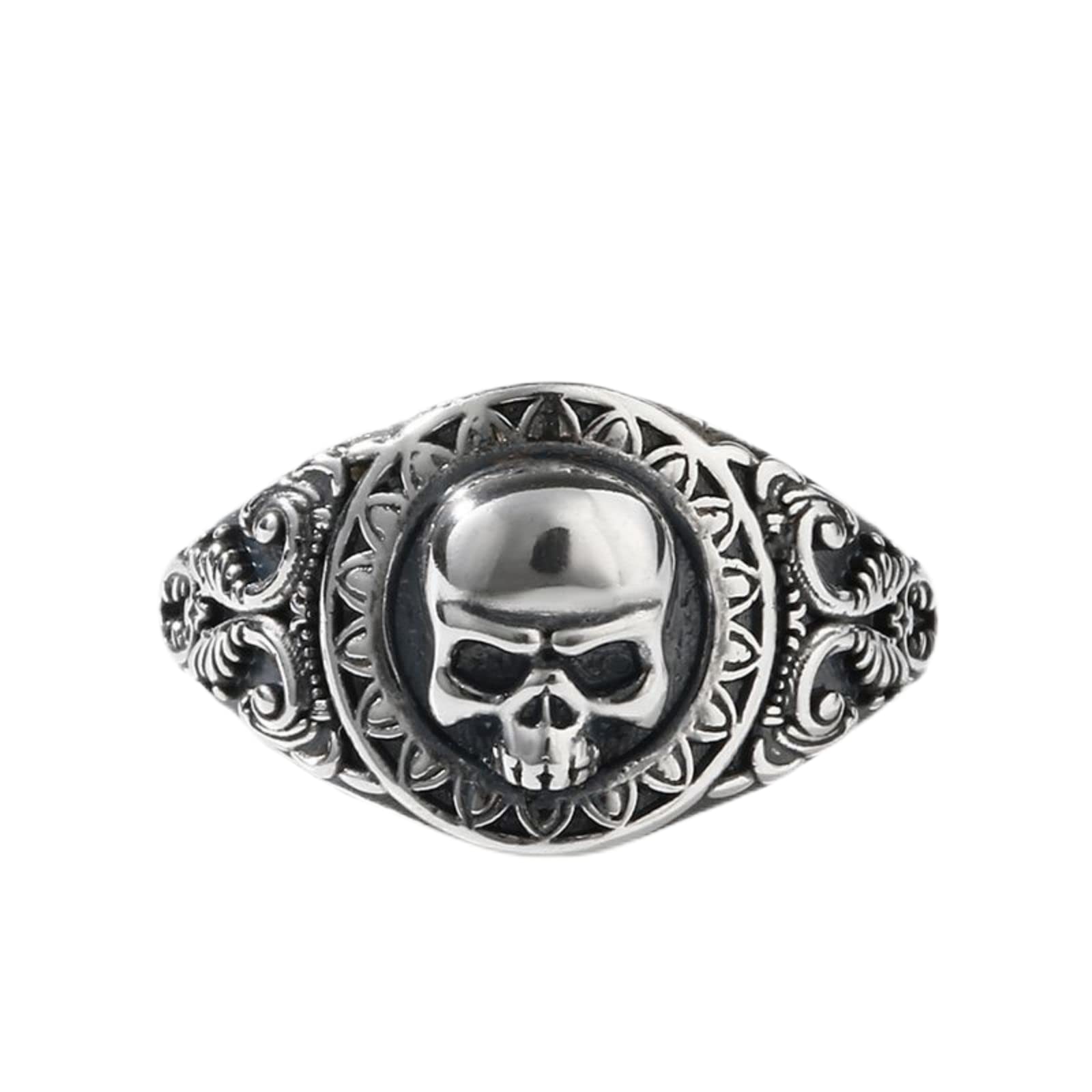 Gothic Black Skull Band Ring Sterling Silver - Carved Flower Skeleton Ring for Women & Men - Couple Matching Jewelry - Perfect for Halloween, Engagement, Anniversary Gift - Comes with Jewelry Gift Box | Great for Gothic Fashion, Punk Style, and Alternative Wedding Accessories