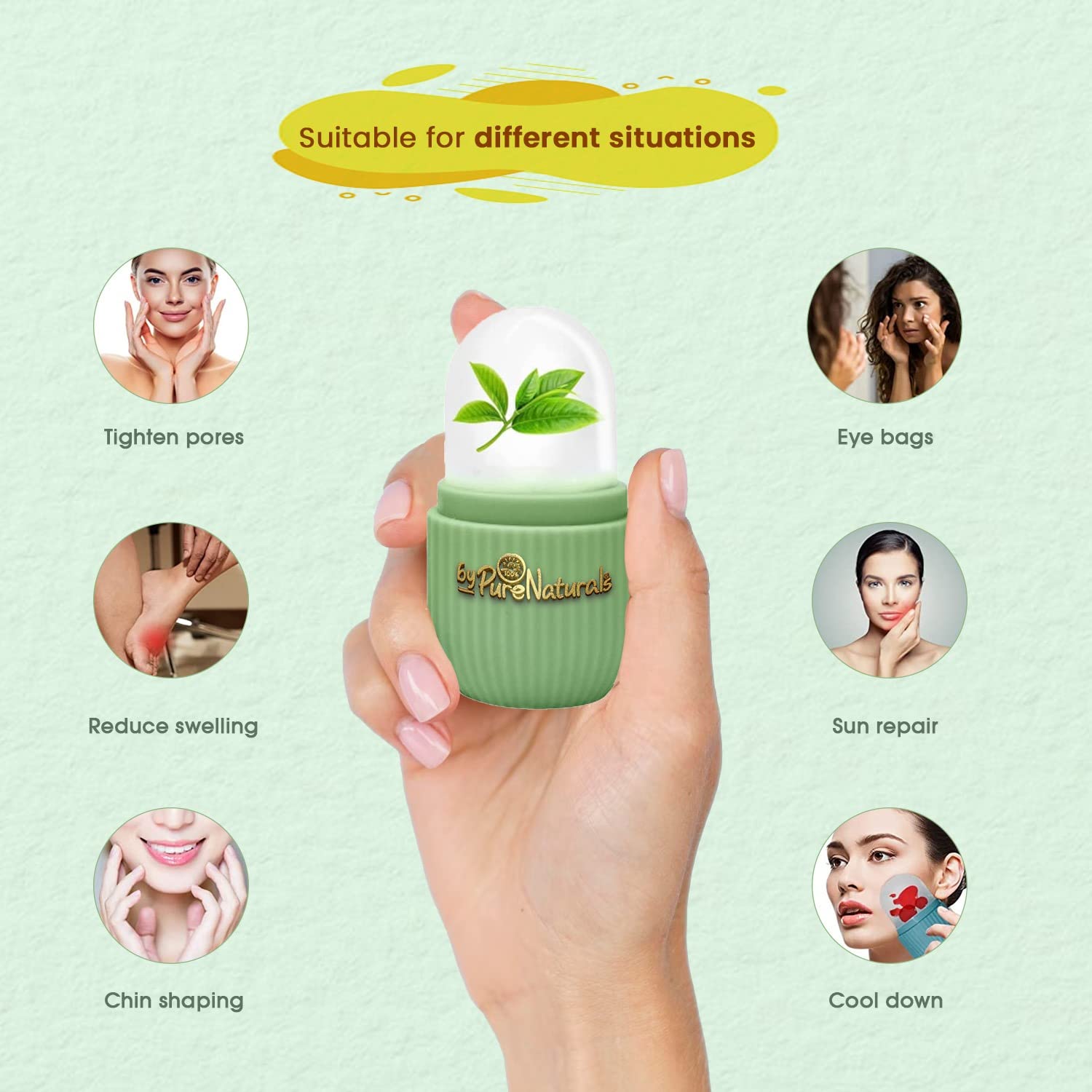 ByPureNaturals Ice Roller for Face, Neck & Body - Cooling Facial Massager for Puffy Eyes Relief & Glowing Skin - Easy-to-Use Skincare Tool with Silicone Cube - Perfect for Morning Routine, Post-Workout Recovery & Spa Day Relaxation