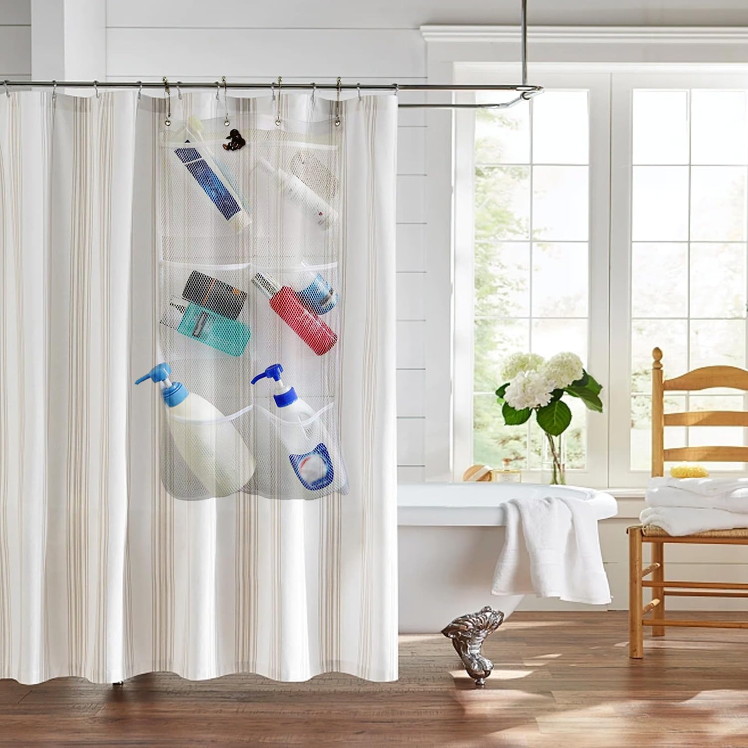 Quick Dry Mesh Shower Organizer with 6 Pockets & 4 Hooks - Hanging Bathroom Storage for Toiletries, Cosmetics, and Shower Accessories - Perfect for Small Spaces, Dorm Rooms, and Travel