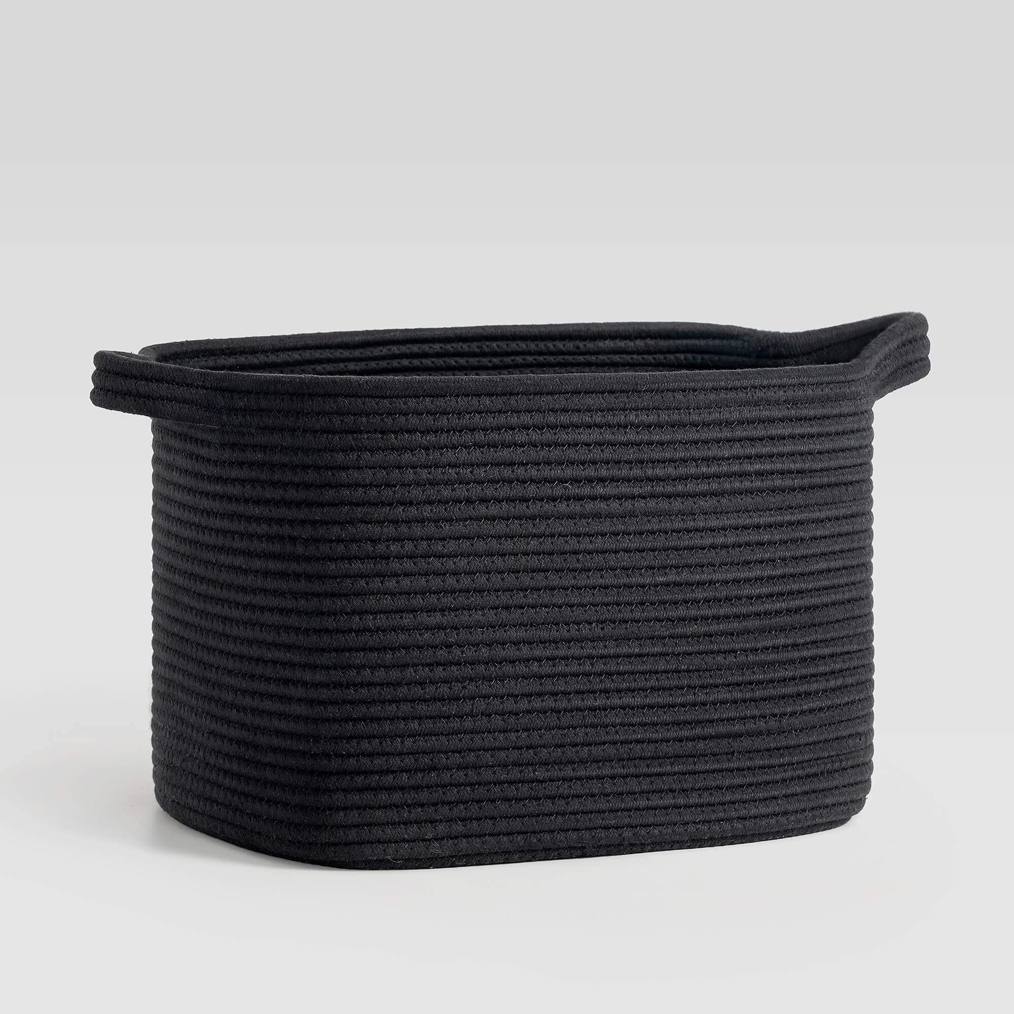 CHICVITA Black Woven Rope Storage Basket with Handles - Soft Rectangle Shelf Organizer for Toys, Books, Clothes & Shoes - Farmhouse Decorative Bin for Bathroom, Living Room, Nursery (13.5
