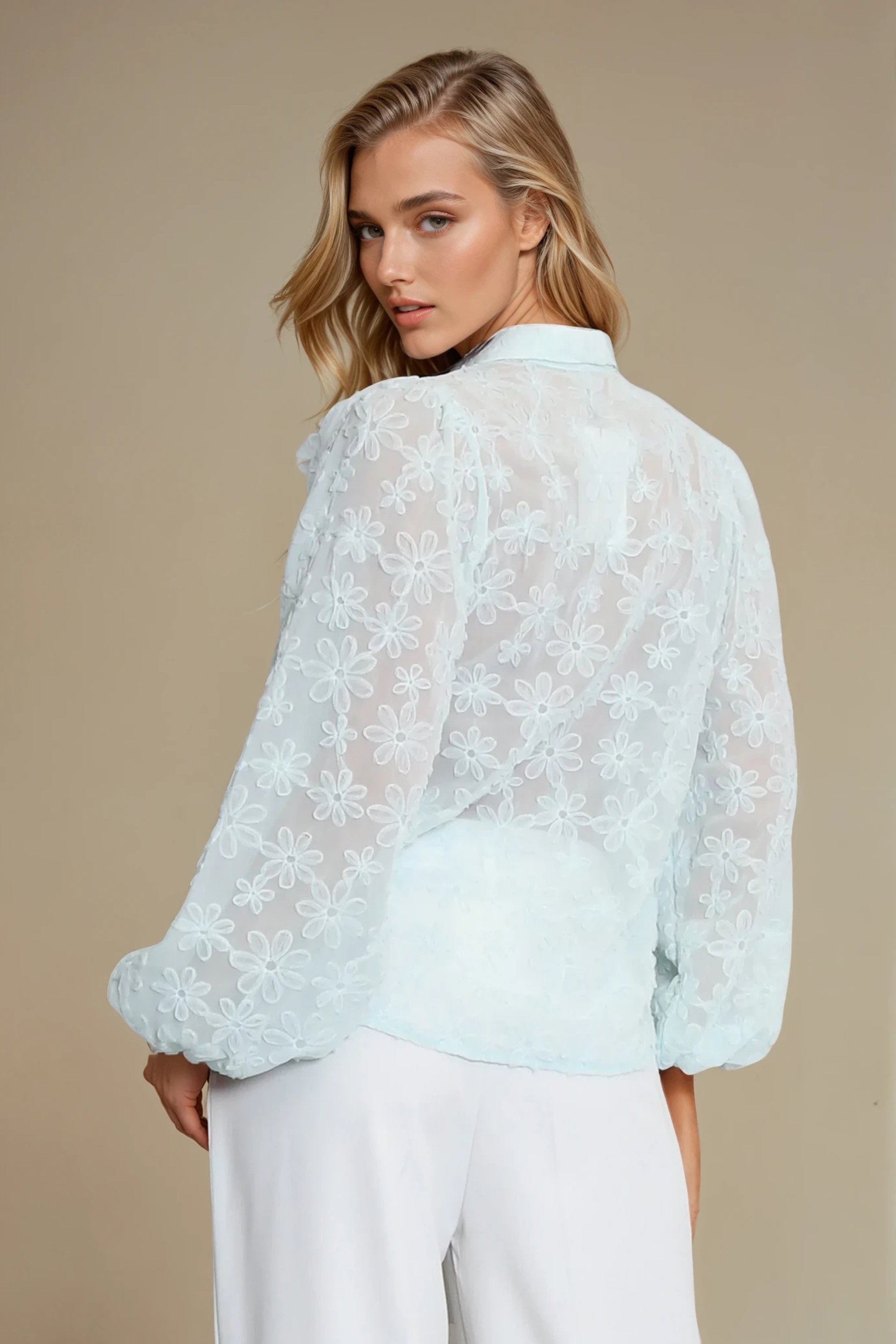 Elegant Blue Appliqued Floral Sheer Blouse for Women - Breathable Summer Top for Casual Outings & Date Nights