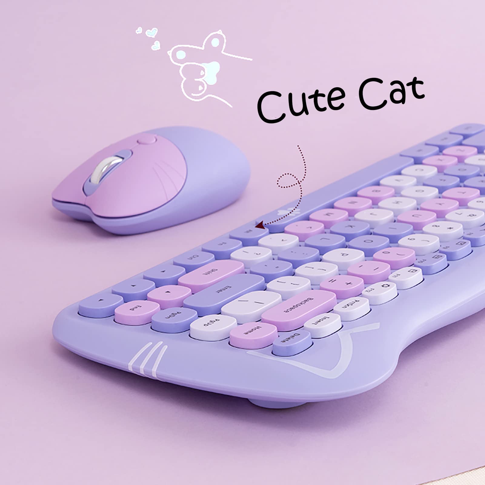 Cute Cat 2.4G USB Wireless Keyboard and Mouse Combo - Silent Keys, Ergonomic Design, Candy Colors (Purple-84Keys) - Compatible with Windows/Mac PC, Laptop - Perfect for Home Office, Gaming & Typing