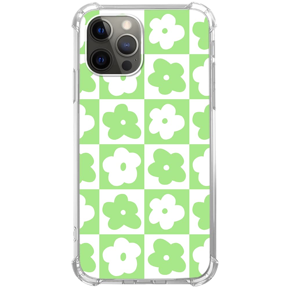 **Pastel Green & White Retro Floral Checkered iPhone 12 Pro Max Case - Aesthetic Vintage Flower Phone Cover for Women & Men, Durable TPU Bumper Protection - Perfect for Daily Use & Fashion Style**