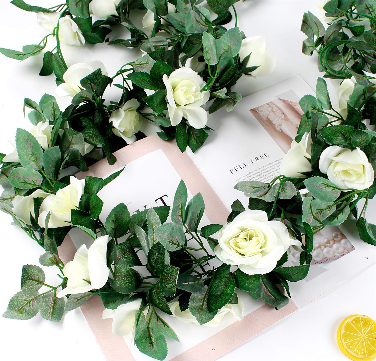 16 FT Artificial Rose Vine Garland - Fake Hanging Flowers for Home, Hotel, Office, Wedding & Party Decor (White, 2 Pack) - Perfect for Indoor/Outdoor Garden, Wall & Ceiling Decoration