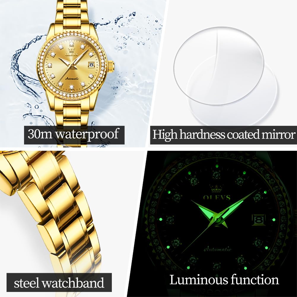 OLEVS Women's Automatic Diamond Mechanical Self-Winding Watch - Elegant Stainless Steel Dress Watch with Luminous Hands & Date Display | Waterproof & Scratch Resistant | Perfect for Business, Party & Everyday Wear