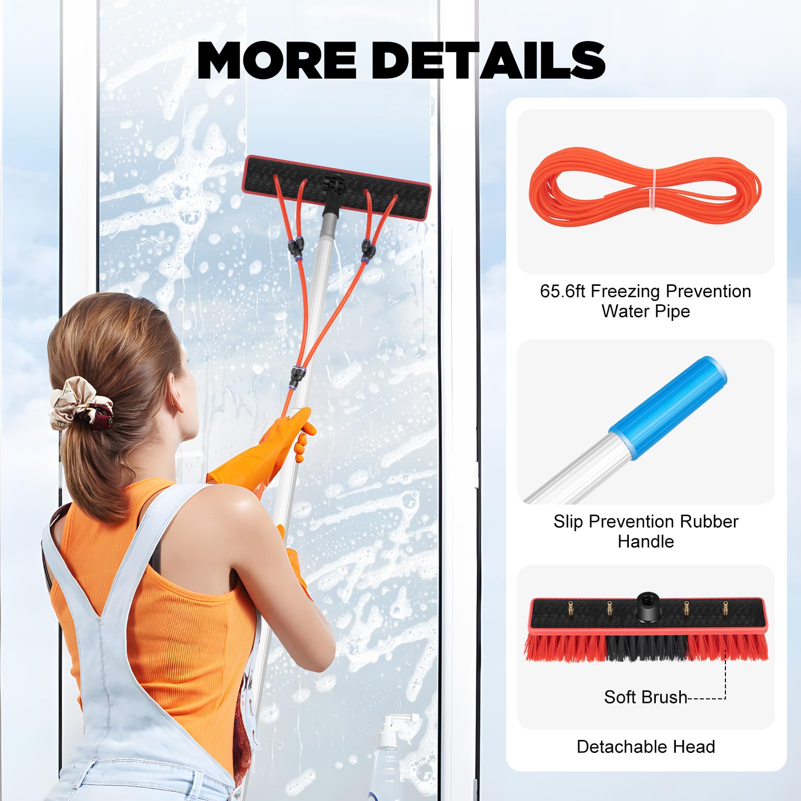 24.3FT Extendable Window Cleaning Pole Kit - 3-in-1 Water/Hose Fed Brush for Solar Panels, Photovoltaic & Outdoor Surfaces | 8M Reach Professional Cleaning Tool with Water Pipe Attachment for Home & Commercial Use