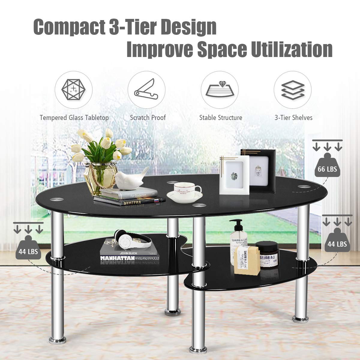 Modern Glass Coffee Table with Steel Legs - Black Glass Top & Sturdy Frame for Living Room, Lounge, or Office - Stylish Cocktail & Tea Table for Home Decor