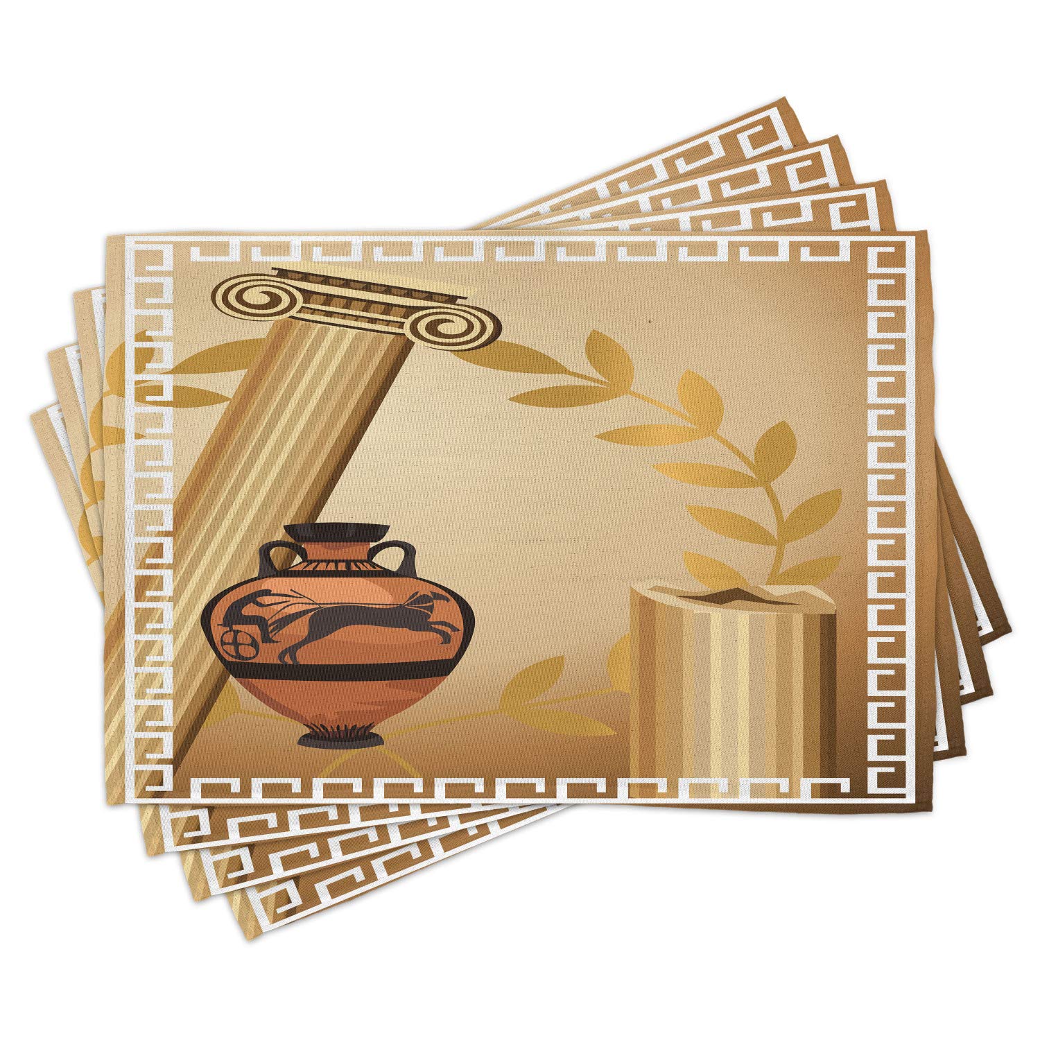 Ambesonne Retro Placemats Set of 4 - Antique Greek Columns & Olive Branch Design, Washable Fabric Dining Table Mats for Kitchen & Dining Room Decor in Pale Brown & White | Perfect for Dinner Parties, Holiday Meals & Mediterranean-Themed Events