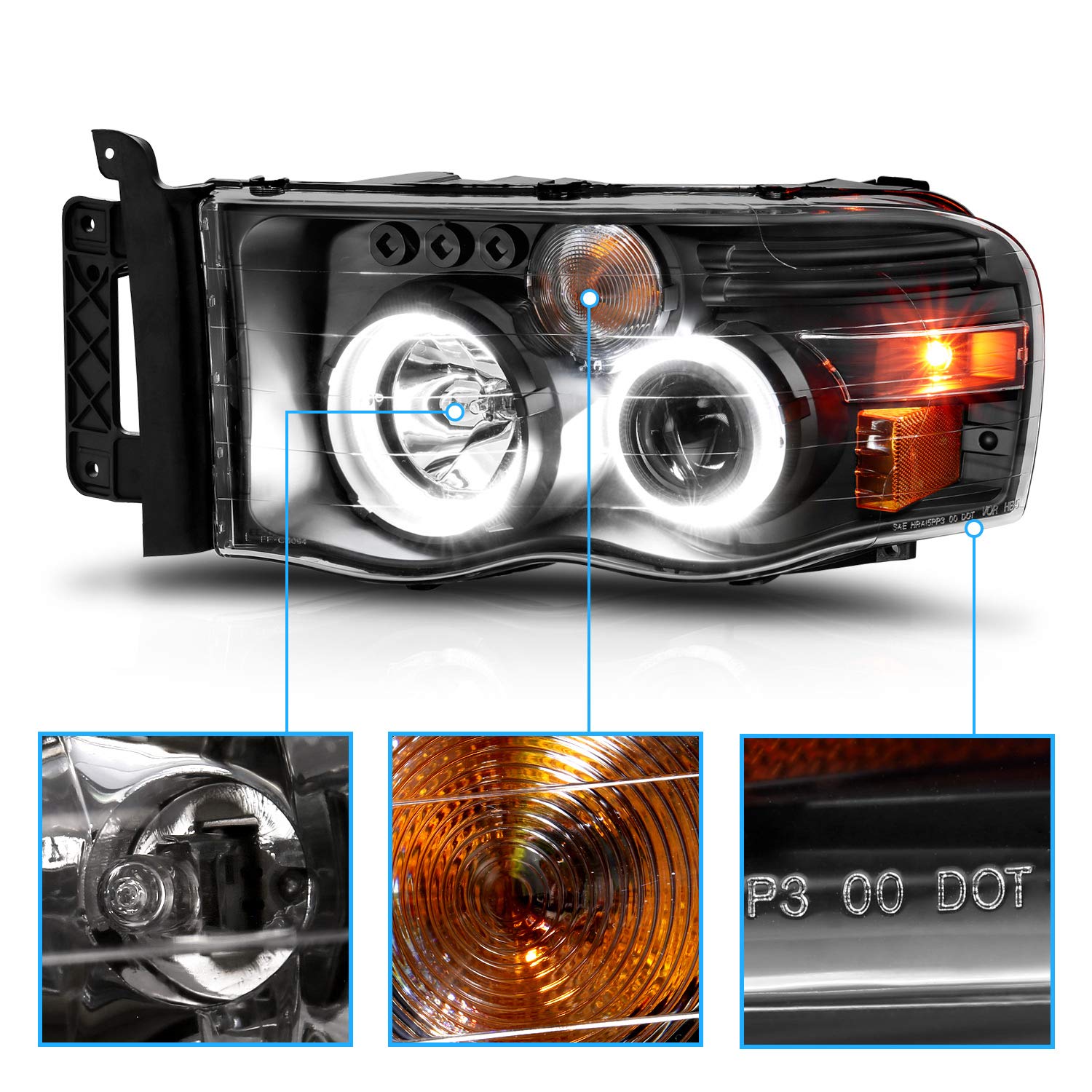 AmeriLite Black Dual LED Halo Rings Projector Headlights Replacement Pair for 2002-2005 Dodge RAM 1500 2500 3500 Truck - Driver & Passenger Side | High Visibility Night Driving & Off-Road Use