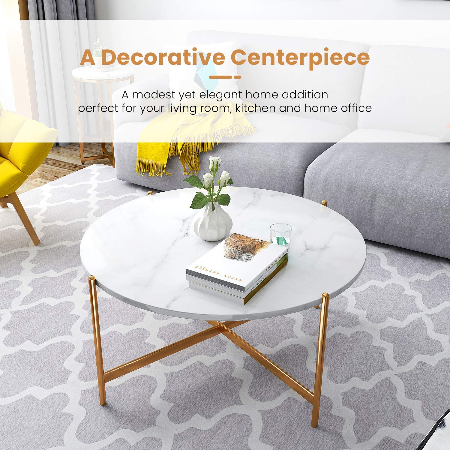 Modern Round Faux Marble Coffee Table - 36 Inch White Gold Accent Table with Sturdy Metal Frame, Easy Assembly for Living Room, Dining Room & Home Office | Perfect for Small Spaces, Coffee Date & Entertaining Guests