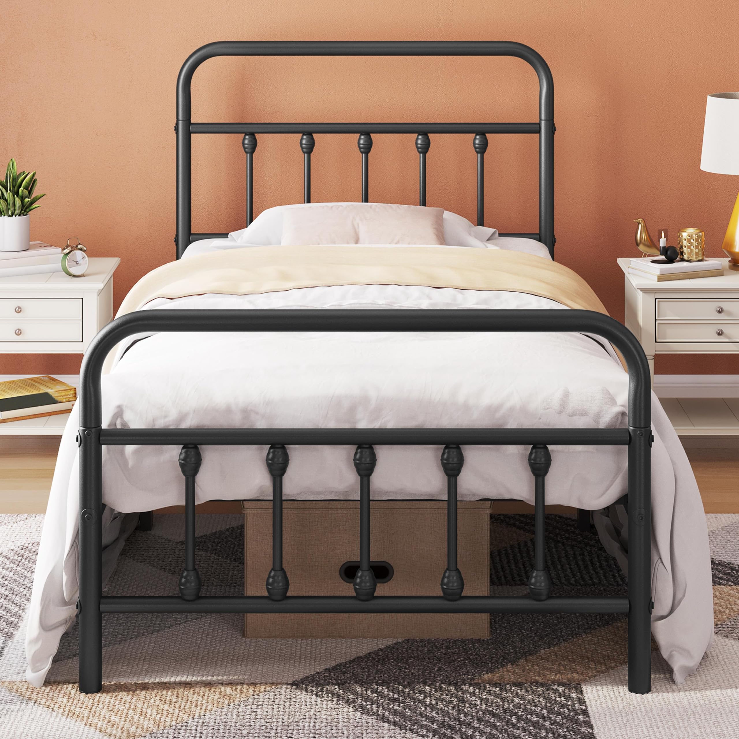 Topeakmart Twin Size Victorian Style Metal Bed Frame with Headboard - No Box Spring Needed, Sturdy Slat Support & Under Bed Storage - Perfect for Small Bedrooms, Guest Rooms & Dormitories (Black)
