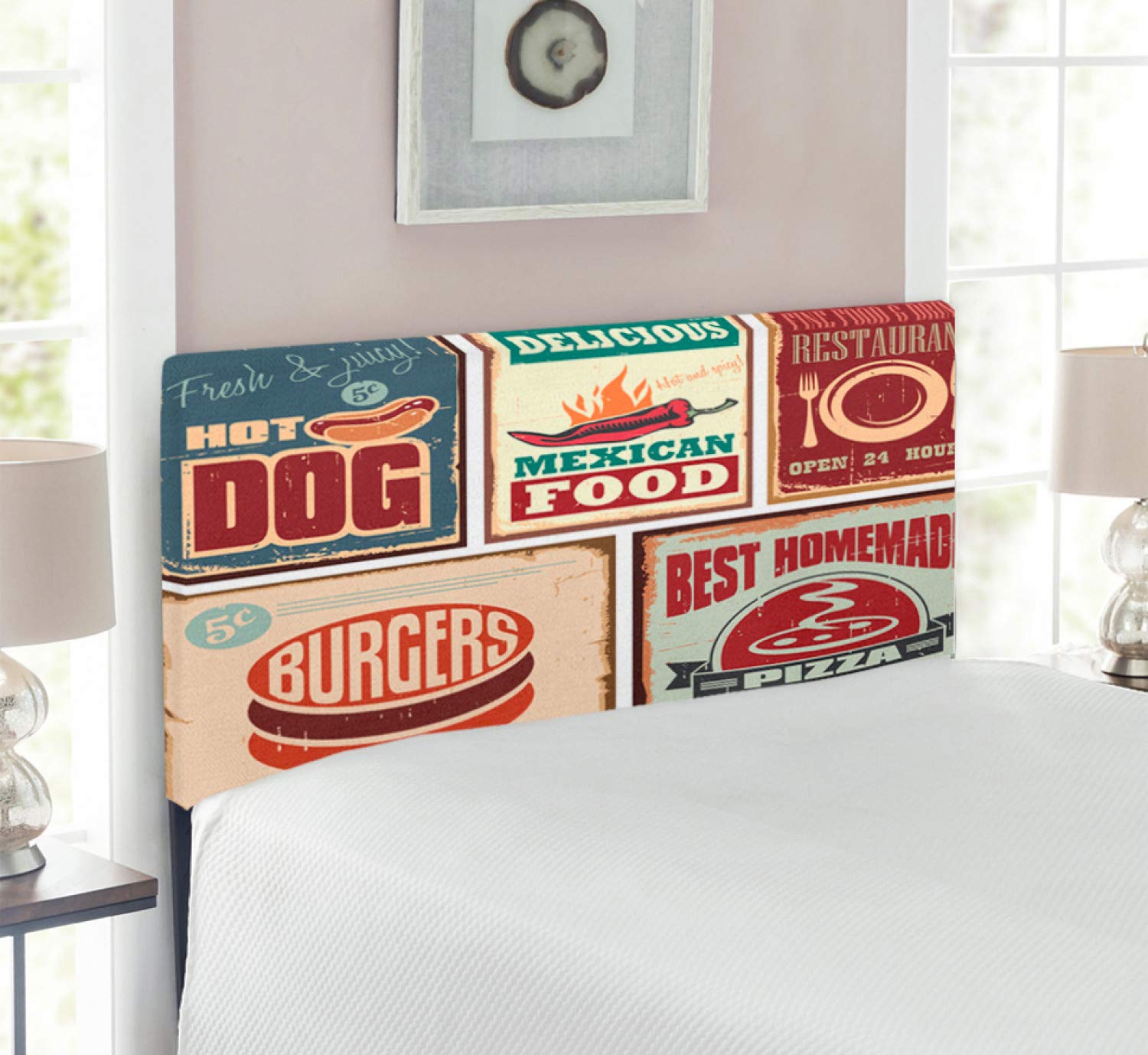Ambesonne Retro Upholstered Headboard with Memory Foam - Vintage Mexican Food Tin Sign Design, Decorative Metal Bed Frame for Twin Size Beds - Perfect for Retro Themed Bedrooms, Dorm Rooms & Home Decor