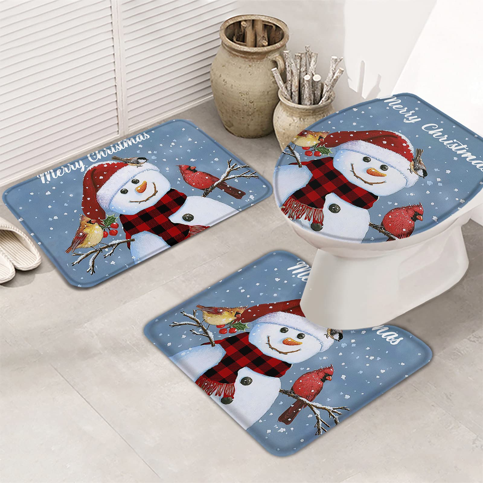 LEOSUCRE 3-Piece Non-Slip Bathroom Rug Set - Christmas Snowman & Snowflake Design, Absorbent Contour Mat, Toilet Lid Cover & Shower Mat - Perfect for Winter Bathroom Decor & Holiday Gift Giving