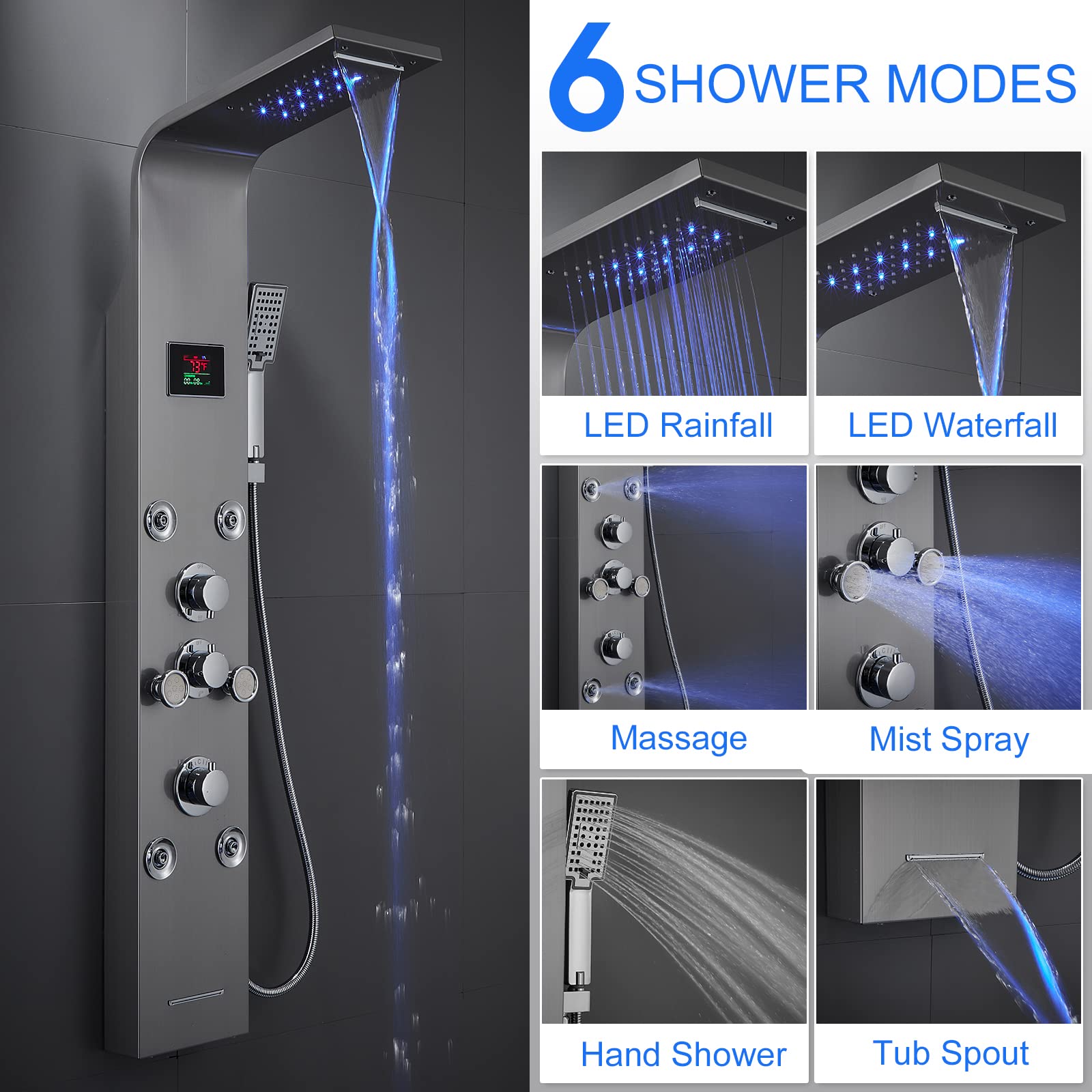 **MENATT LED Lights Shower Panel Tower System - SUS304 Stainless Steel Bathroom Shower Column with Rainfall & Waterfall Shower Head, Massage Jets, Tub Spout & Handheld Shower (Brushed) - Perfect for Modern Spa-Like Bathroom Upgrades**