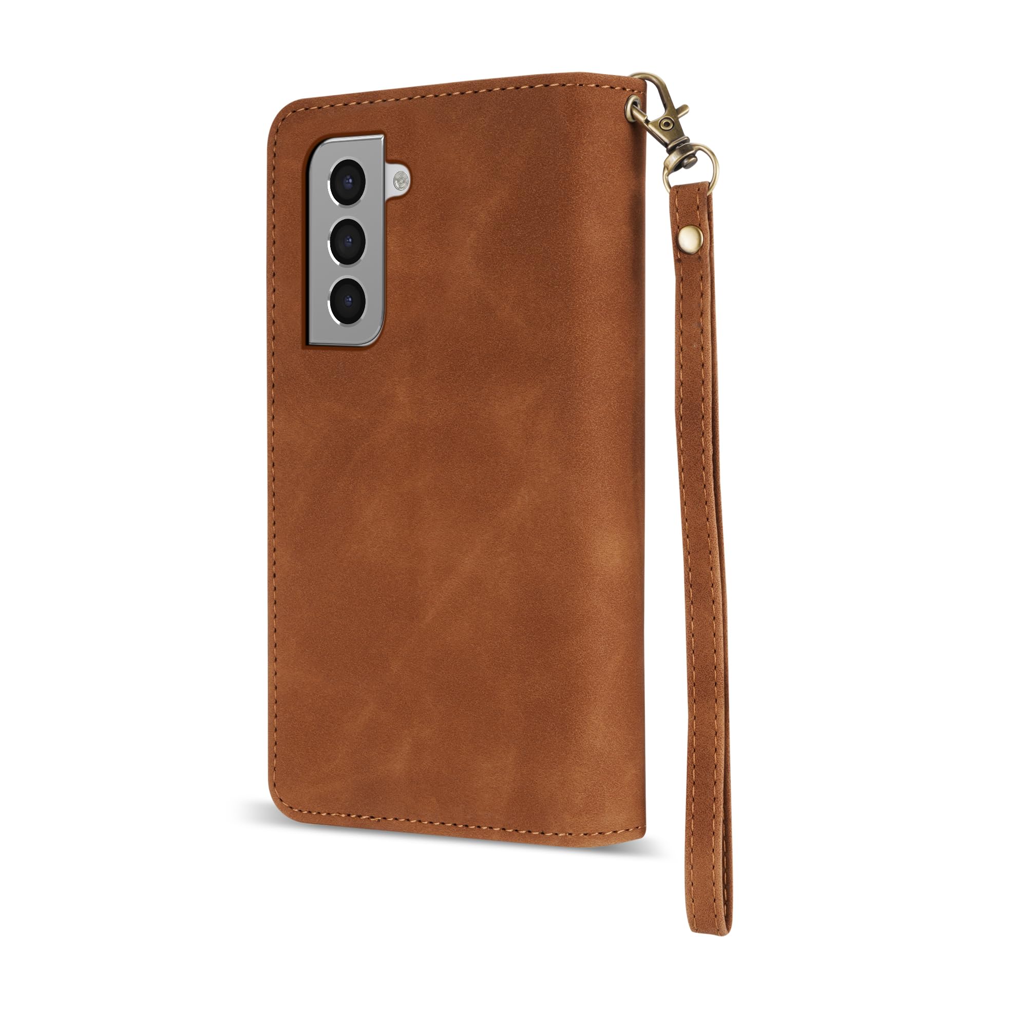 Premium Soft PU Leather Wallet Case for Samsung Galaxy S21 (6.2 inch) - Card Slot, Zipper Flip Folio, Wrist Strap & Kickstand | Protective Cover for Everyday Use, Travel & Business Meetings (Brown)