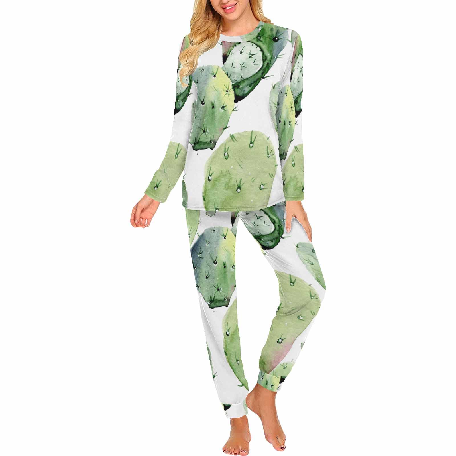 InterestPrint Watercolor Cactus & Floral Women's Long Sleeve Loungewear Set - Soft Sleepwear Pajamas for Cozy Nights & Relaxing at Home