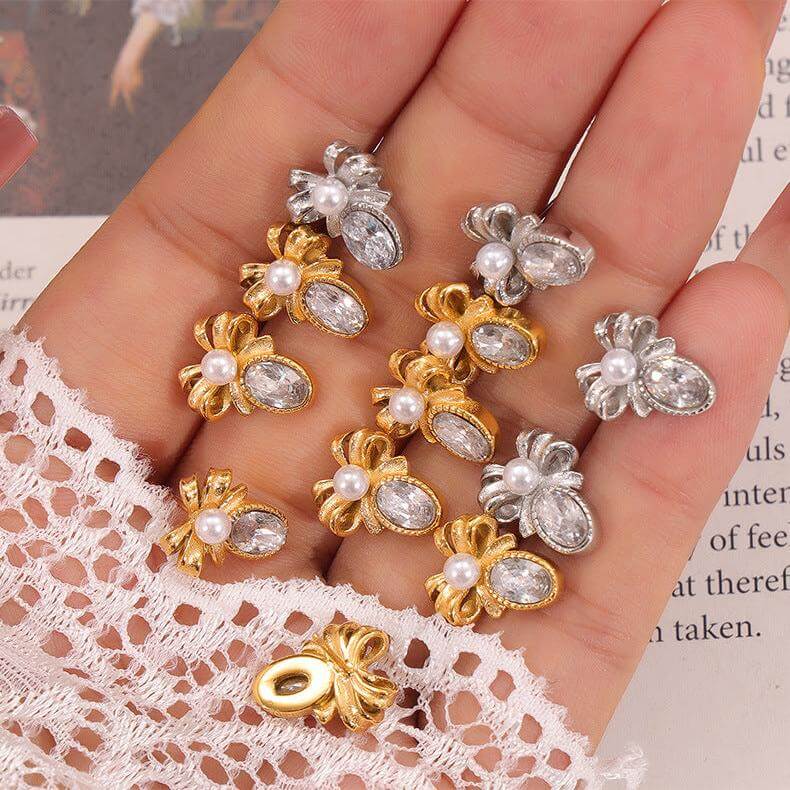 Antique Pearl Bow French Style Stud Earrings for Women - Vintage Gold Plated Jewelry Gift - F1472 | Perfect for Weddings, Parties & Special Occasions