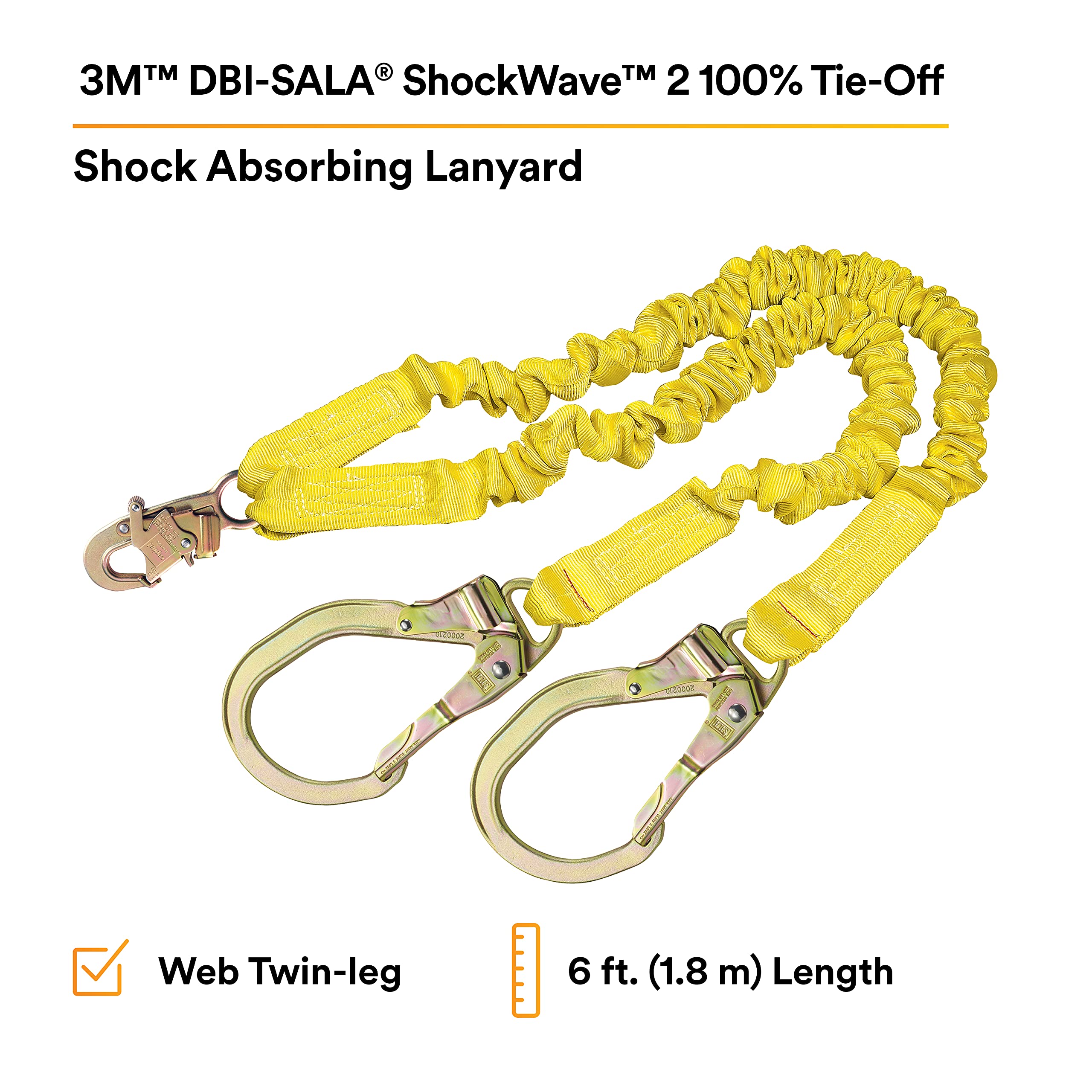 3M DBI-SALA Shockwave 2 6' Shock Absorbing Lanyard - 1244412 | Tubular Web Fall Protection | 100% Tie Off with Steel Rebar Hooks & Snap Hook | Yellow Safety Lanyard for Construction, Roofing & Industrial Work