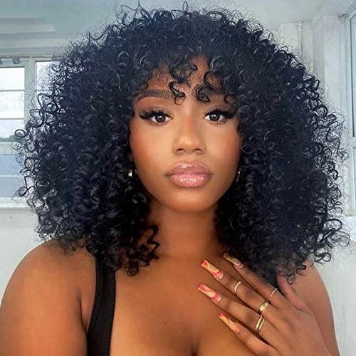 ISEE Short Brazilian Kinky Curly Virgin Human Hair Wig with Bangs - 12 Inch Afro Bob Wig 180% Density for Black Women | Perfect for Daily Wear, Cosplay & Protective Styling