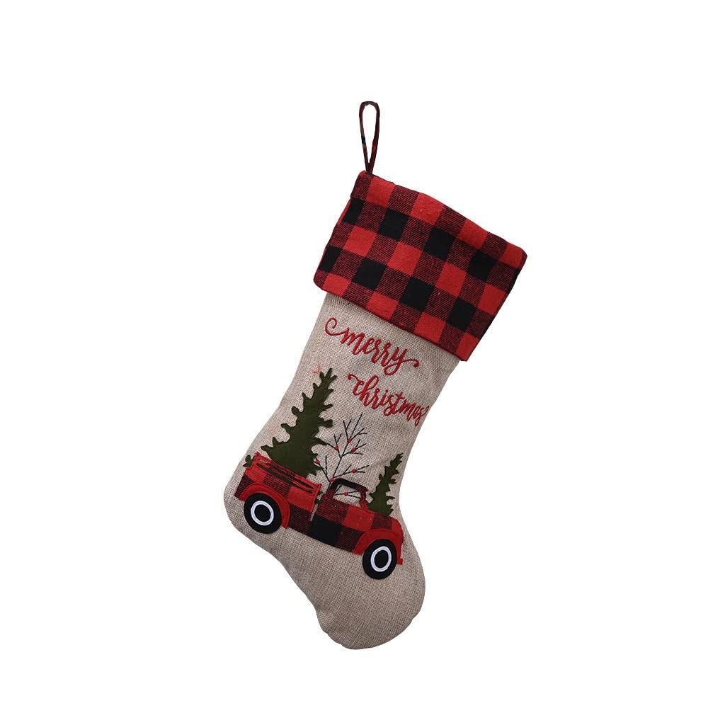 Drincoshow Christmas Stockings - Red and Black Plaid Car-Themed Holiday Decor, Gift Bags & Candy Socks for Car Lovers | Perfect for Christmas Tree Decorations, Auto Enthusiast Gifts & Festive Car Accessories