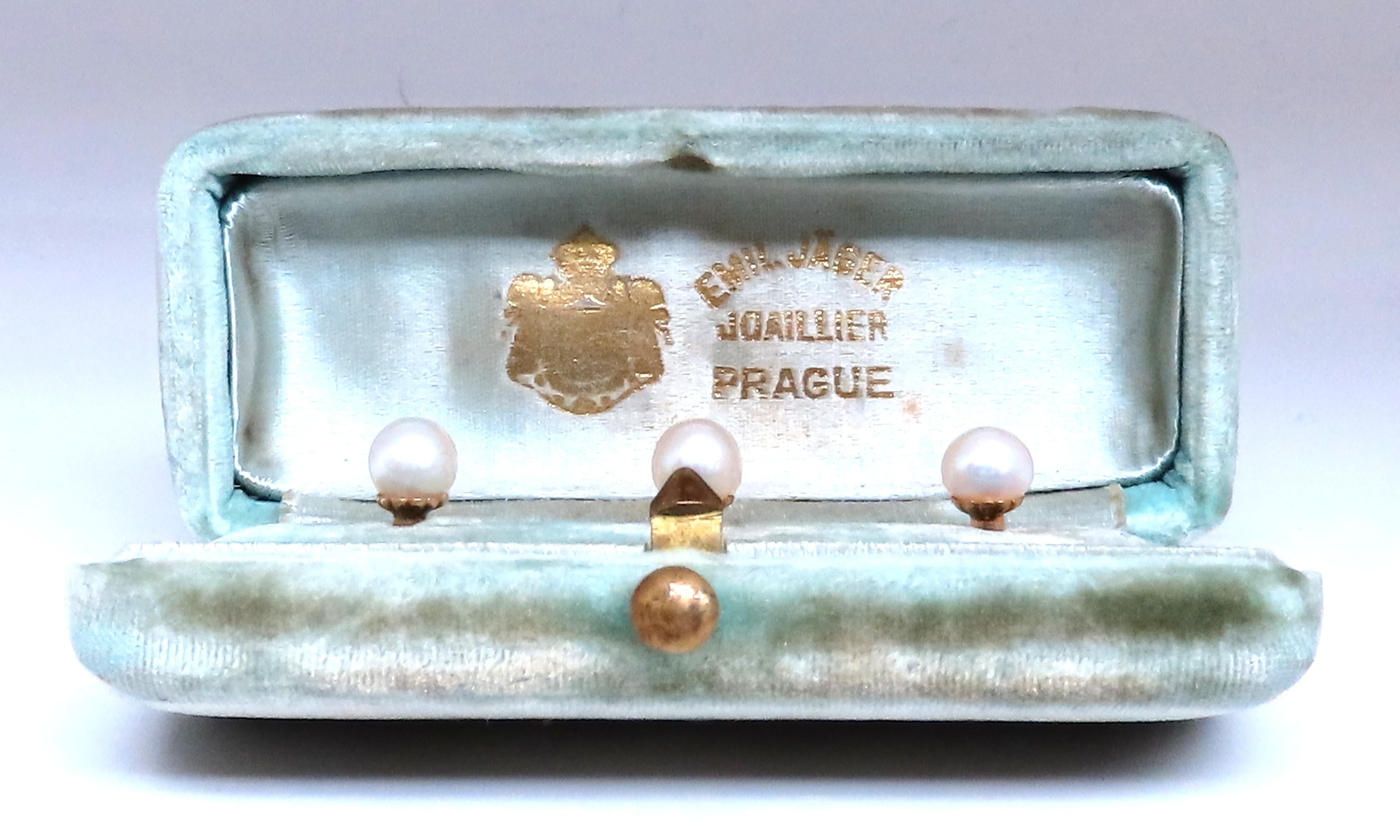 14kt Gold Prague Antique Three Pearl Stud Button Set with Original Box - Perfect for Vintage Jewelry Collectors & Bridal Accessories