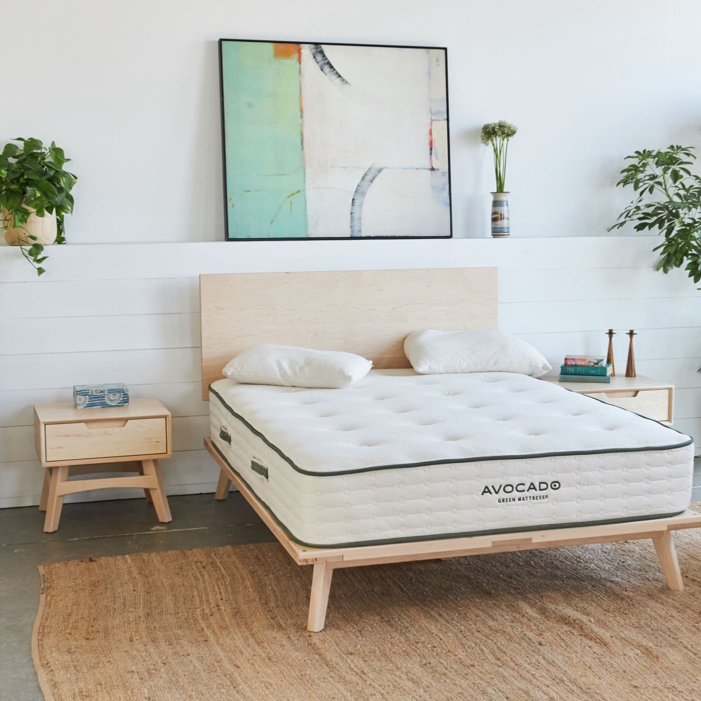 Mid Century Modern Bed Frame - Queen Size Solid Wood Platform Bed with Upholstered Headboard - Stylish & Sturdy Bedroom Furniture for Home Decor & Relaxation
