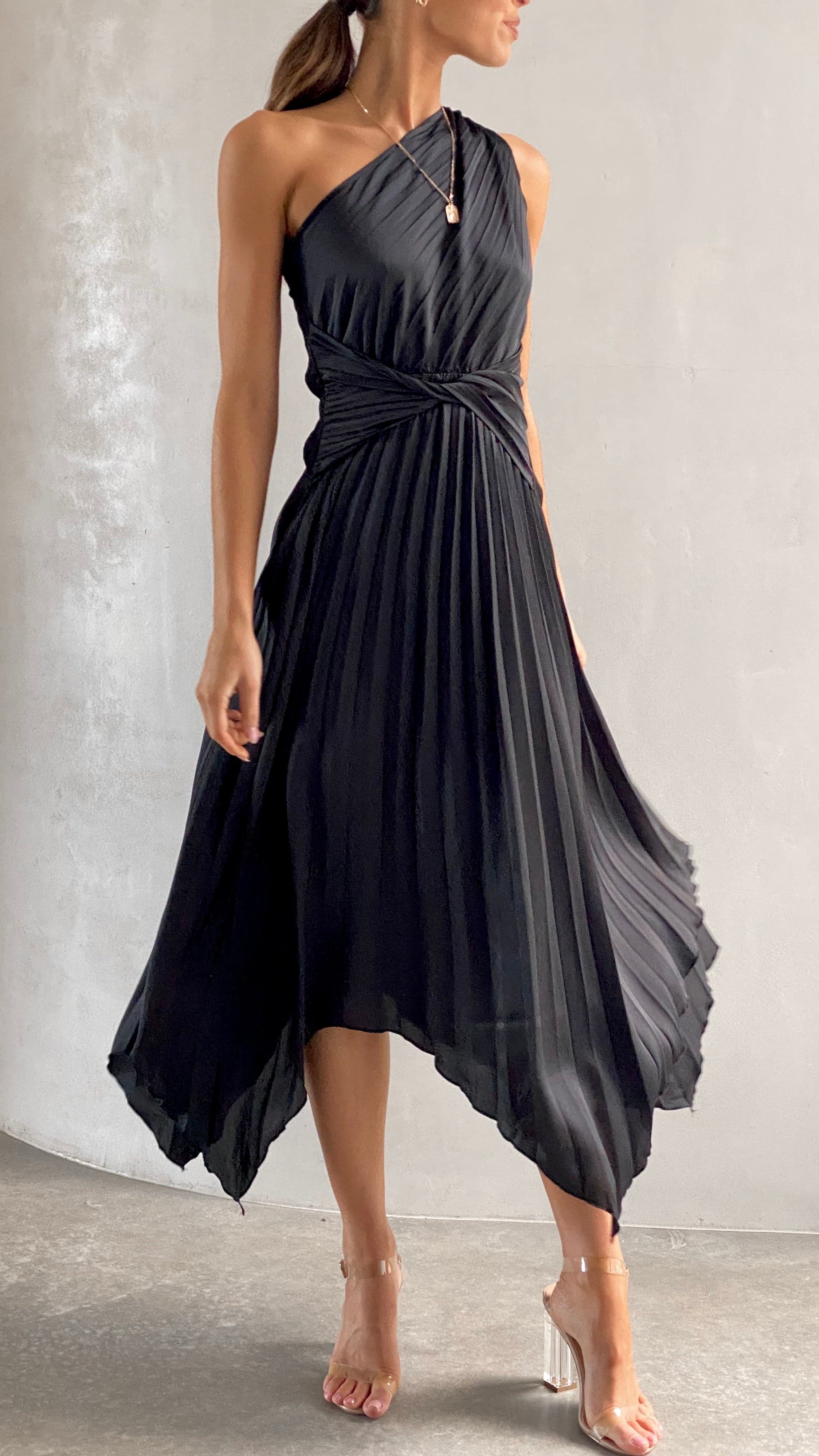 Cali One Shoulder Midi Dress - Black | Elegant Summer Party Dress for Women | Perfect for Weddings, Cocktail Parties & Date Nights