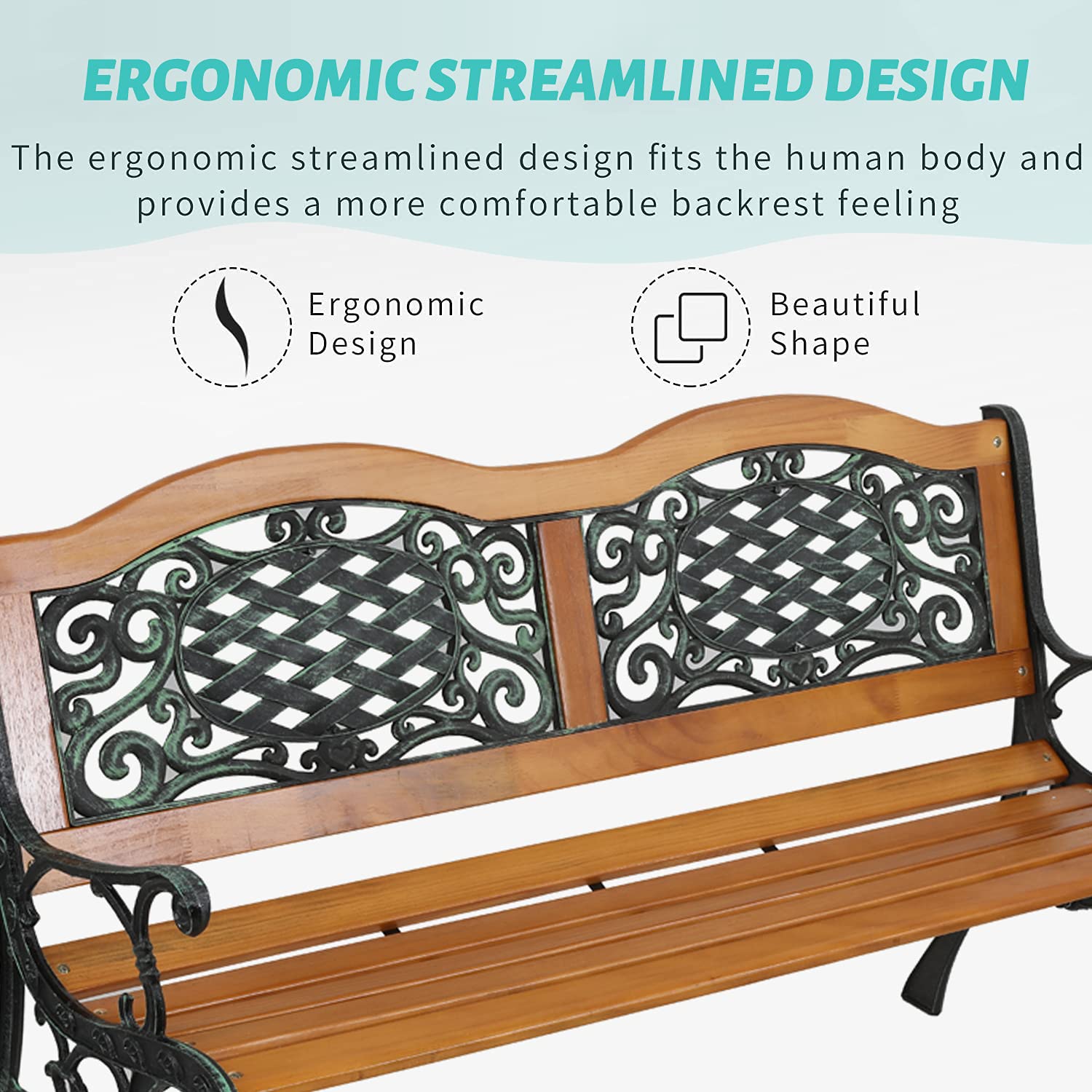 JOYBASE 50 Inch Outdoor Patio Bench - Sturdy Wood and Iron Garden Bench for Park, Porch, Backyard - Weather-Resistant Black & Natural Finish - Perfect for Outdoor Relaxation, Garden Seating and Patio Decor