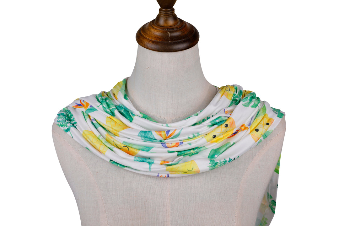 Baby Car Seat Cover - Breathable Nursing Canopy with Pineapple & Monstera Leaf Pattern in White - Perfect for Strollers, Shopping & Outdoor Adventures