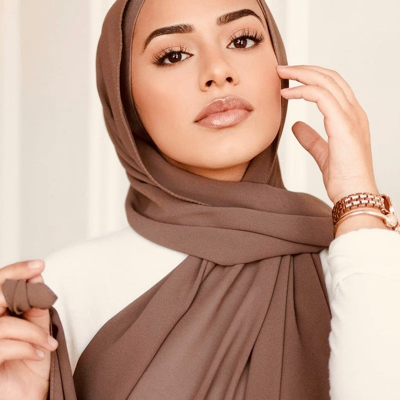 Elegant Chiffon Long Hijab Scarf in Mocha - Perfect for Daily Wear, Prayer, and Special Occasions