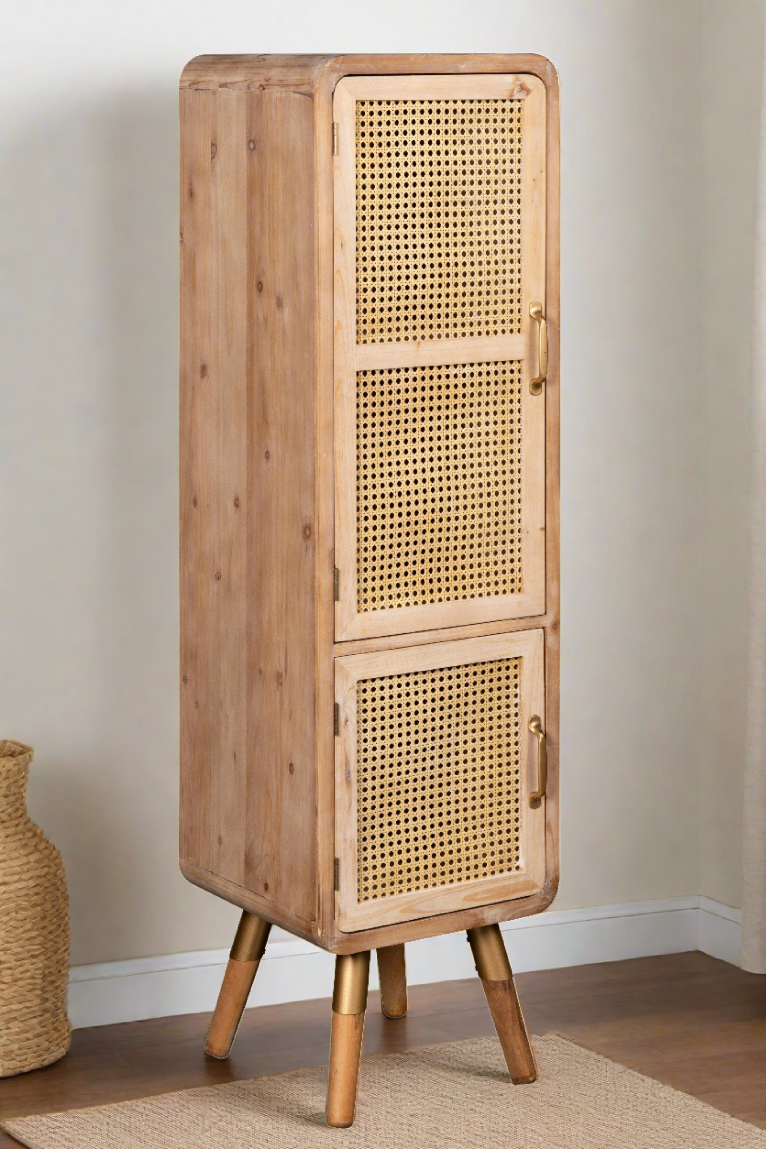 Shia Tall Cane Accent Cabinet - Stylish Storage Furniture for Living Room, Bedroom & Entryway - Perfect for Home Decor & Organization
