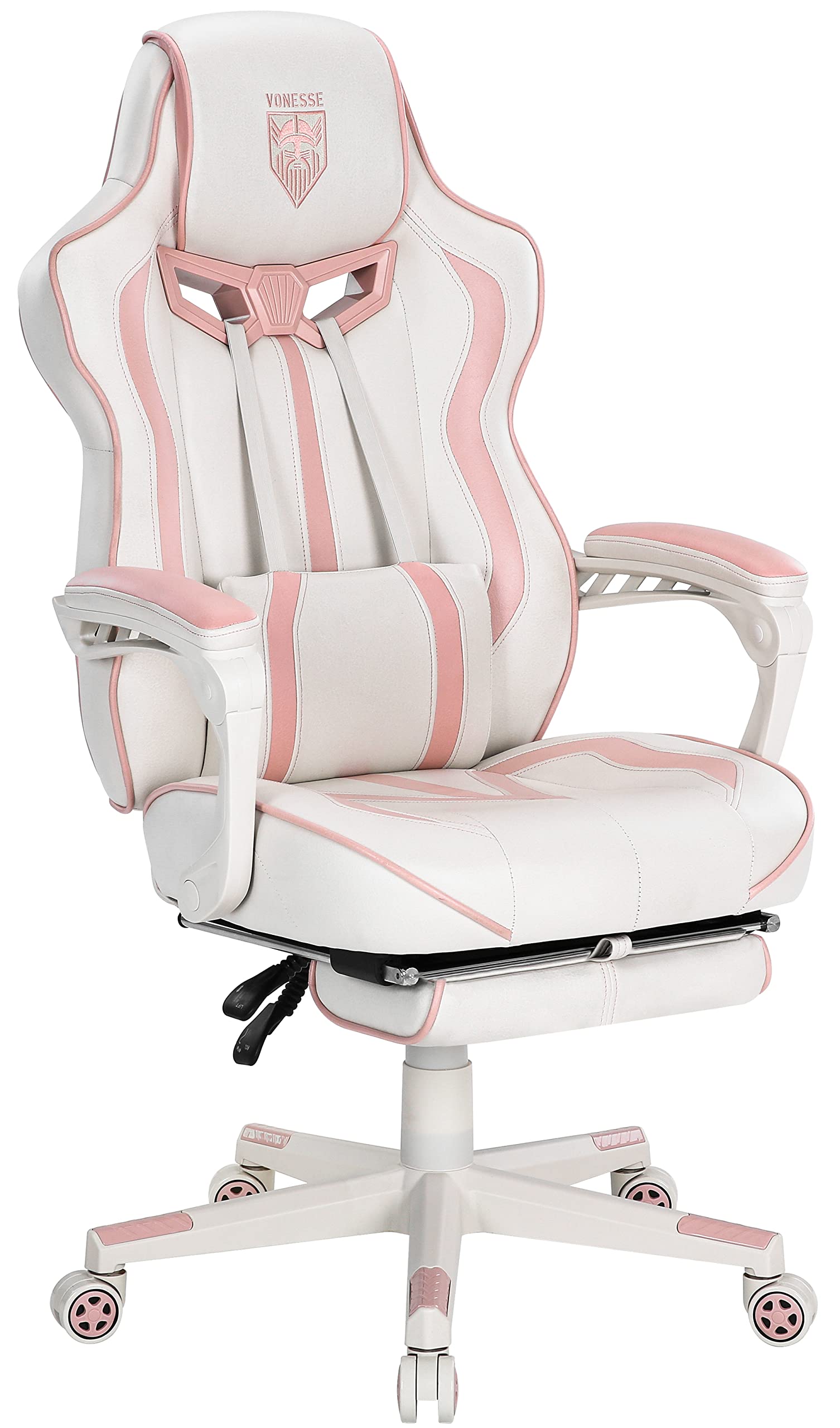 Vonesse Pink Gaming Chair for Girls & Women - Ergonomic High Back Computer Gaming Chair with Reclining Feature, Footrest & Massage - Perfect for Home Office, Streaming & Esports (White/Pink)