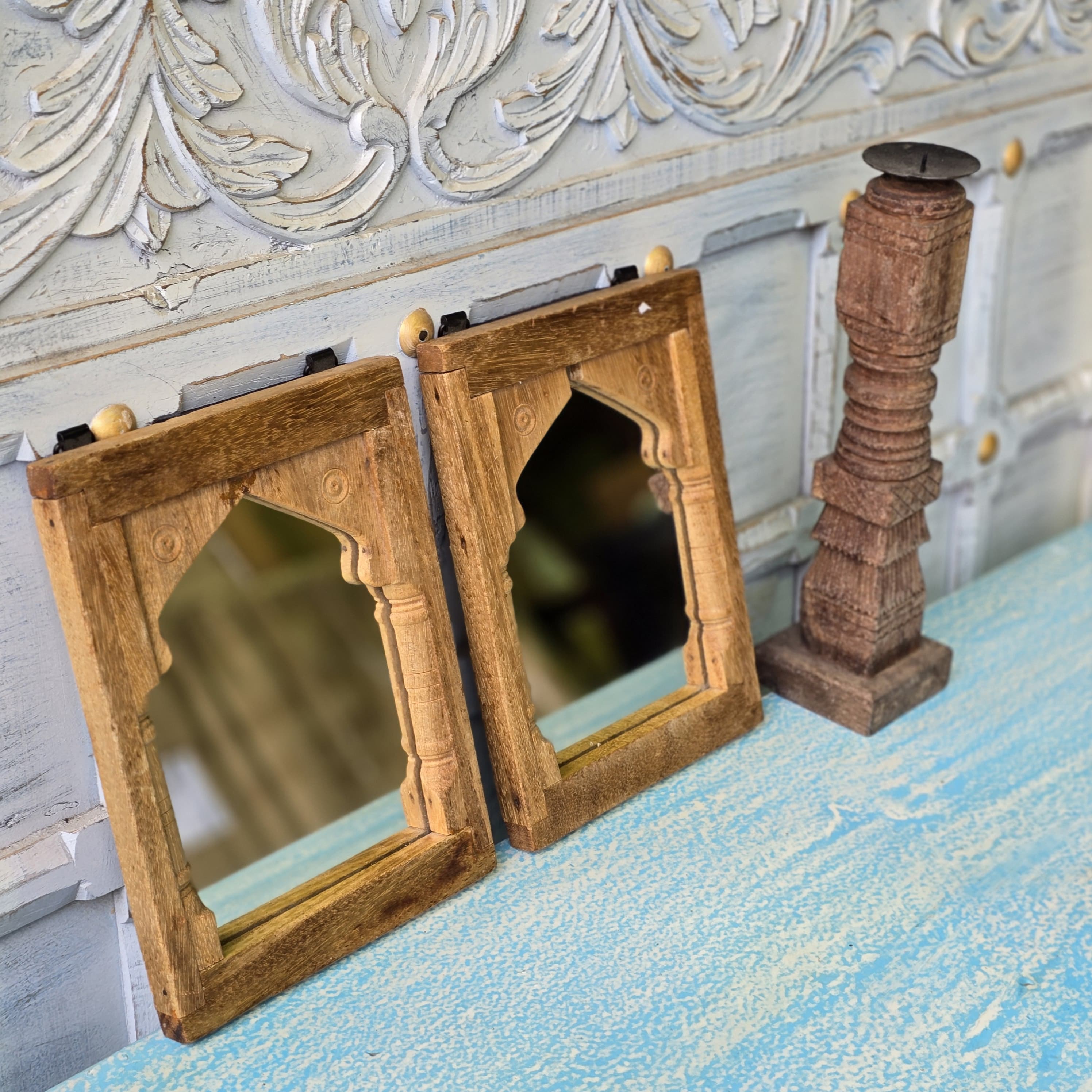 Hand Carved Indian Solid Wood Temple Mirror - Brown Wooden Wall Mirror for Home Decor, Spiritual Space & Meditation Room - Perfect for Boho, Ethnic & Traditional Interior Design Styles